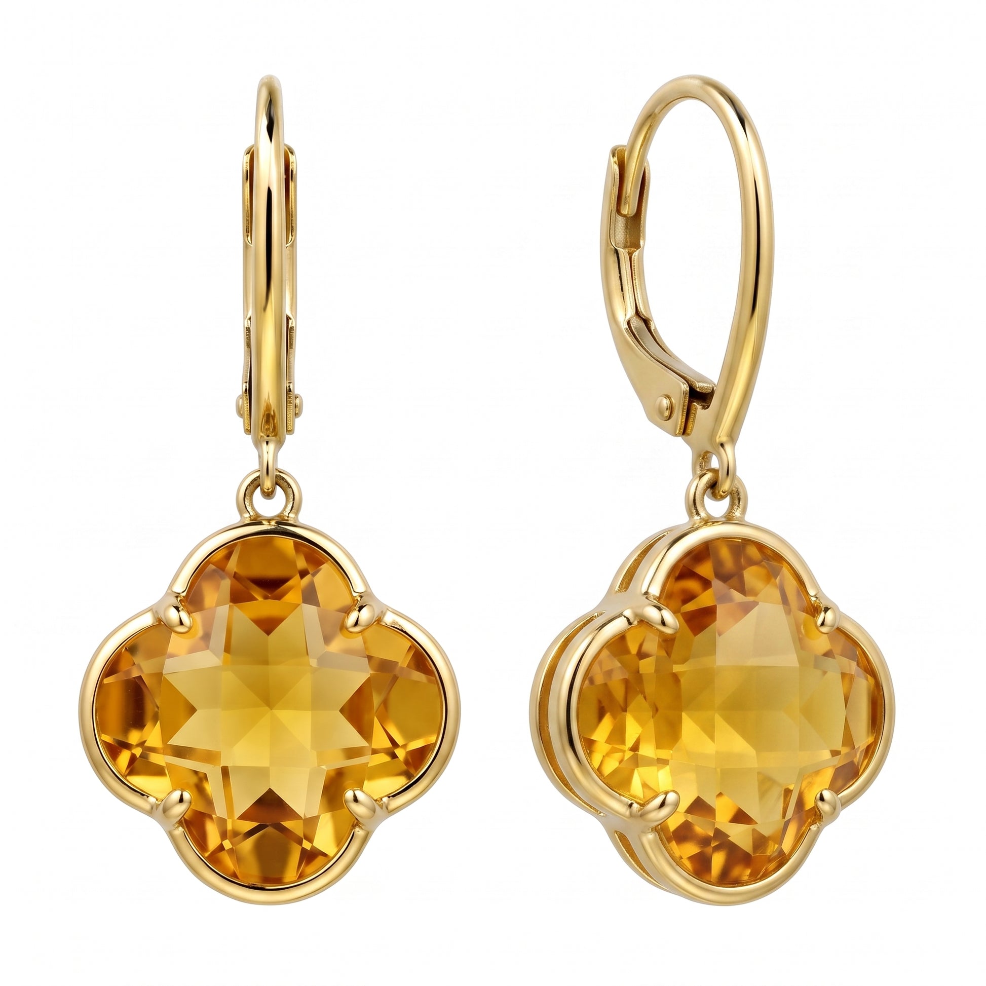 14K yellow gold four-lobed checkerboard citrine lever-back drop earrings, angled second view on white