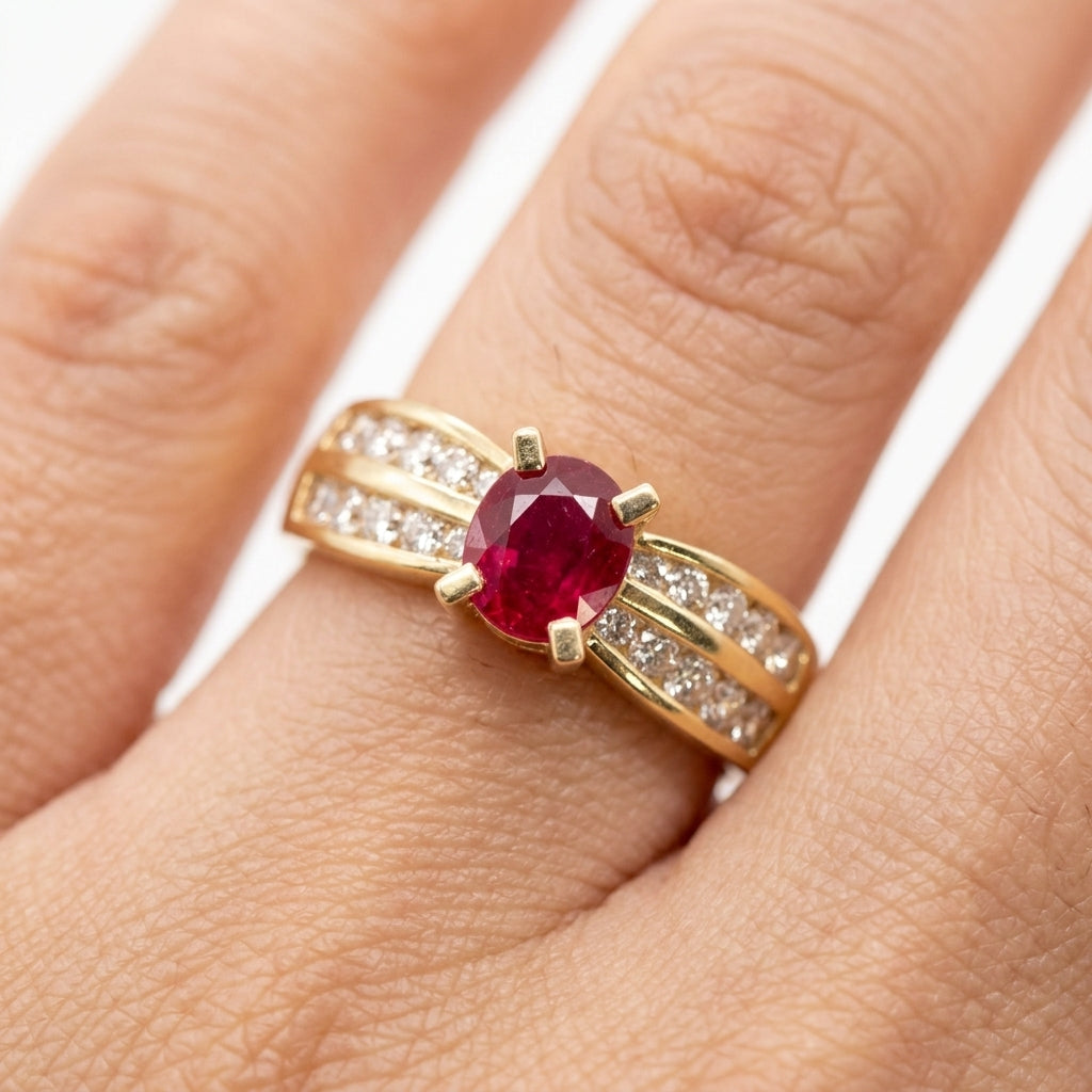 Oval Ruby & Two-Row Diamond Ring