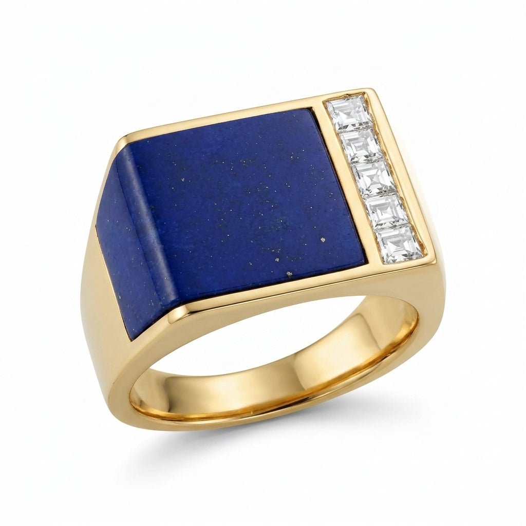 Lapis Lazuli & 5 Square Diamond Men's Ring
