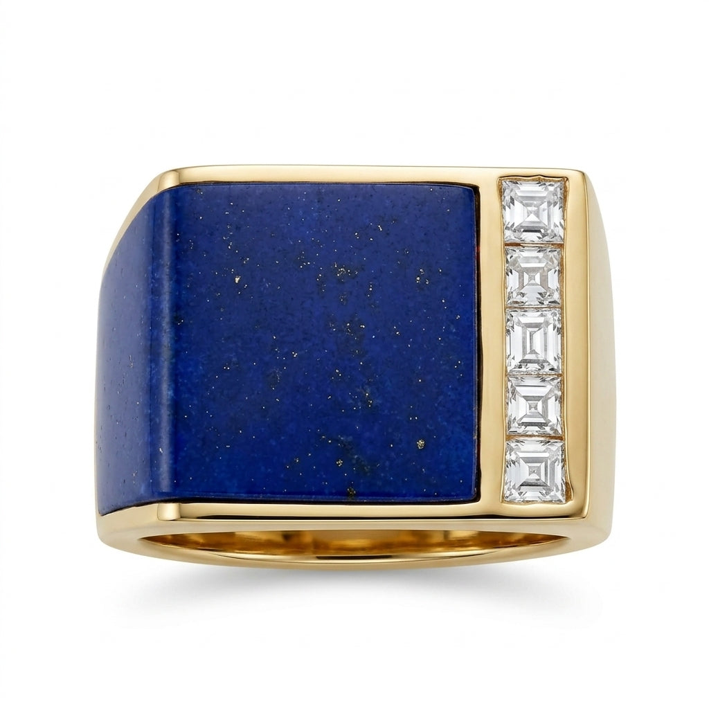Lapis Lazuli & 5 Square Diamond Men's Ring