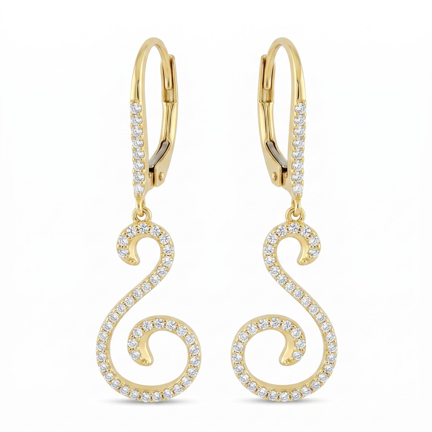 14k yellow gold S-curve dangle lever-back earrings with pave diamonds, white background