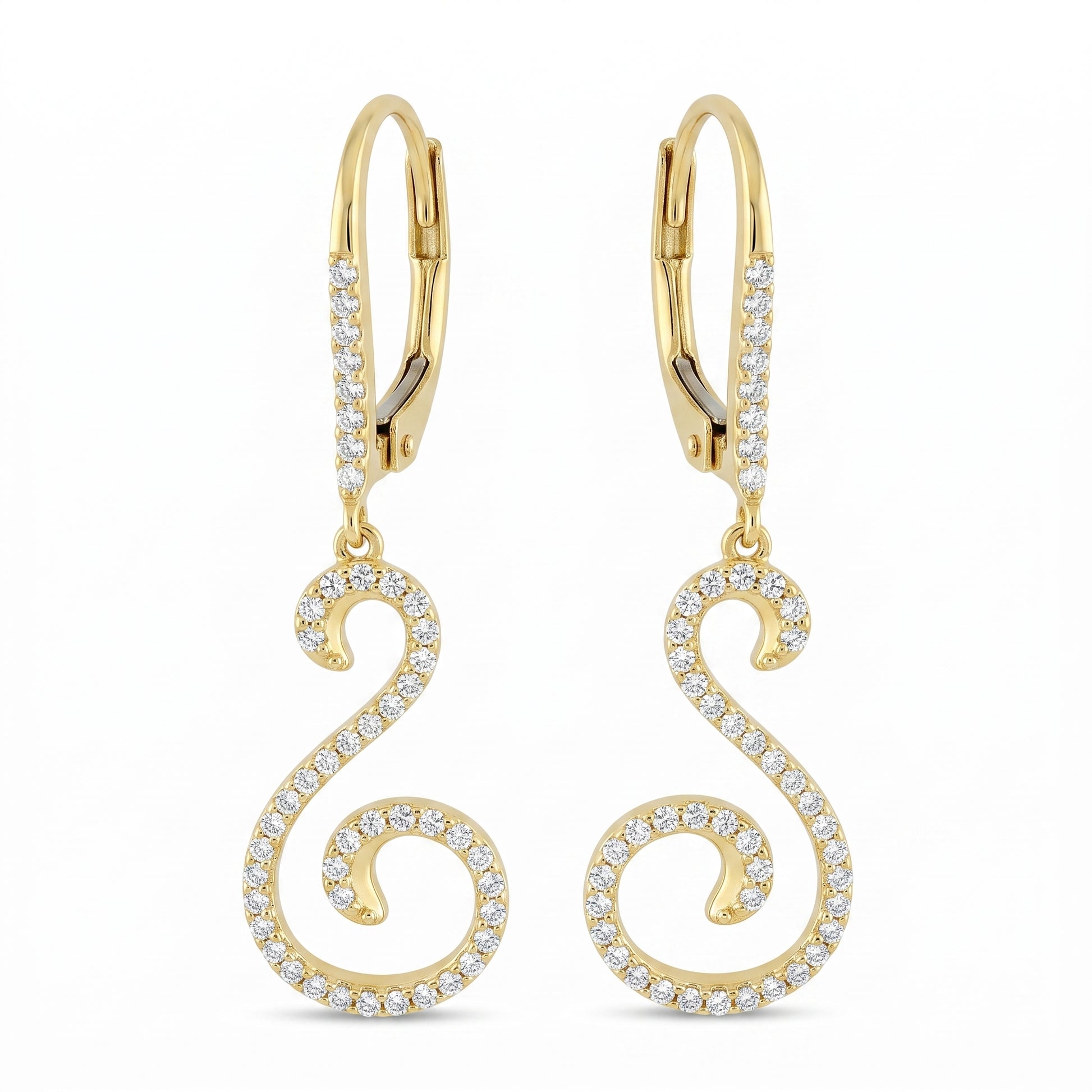 14k yellow gold S-curve dangle lever-back earrings with pave diamonds, white background
