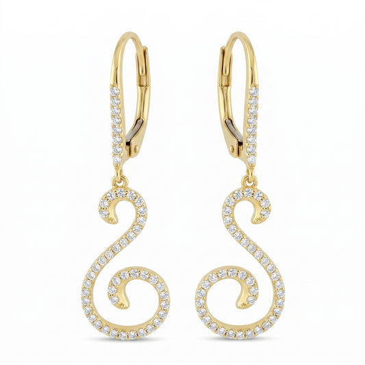 14k yellow gold S-curve dangle lever-back earrings with pave diamonds, white background