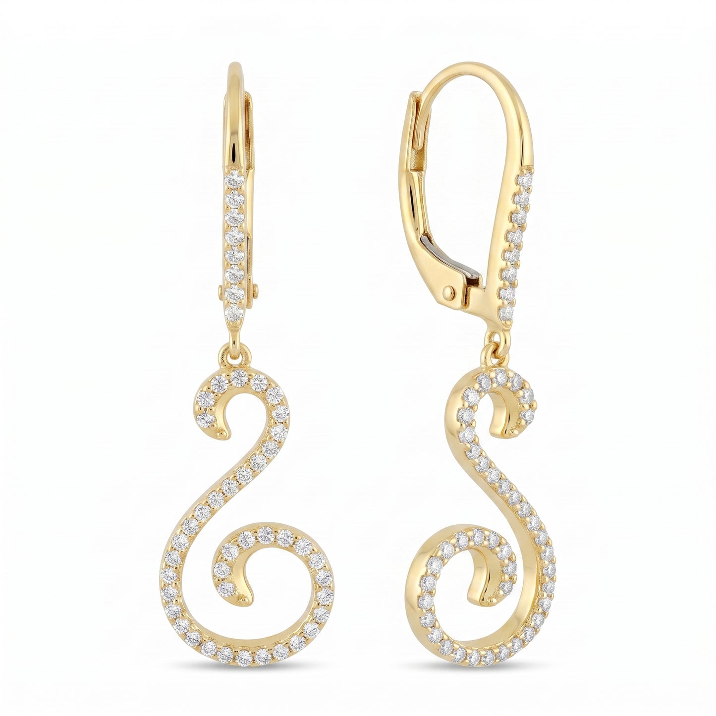 14k yellow gold S-curve dangle lever-back earrings, angled view showing lever-back hinge, white background