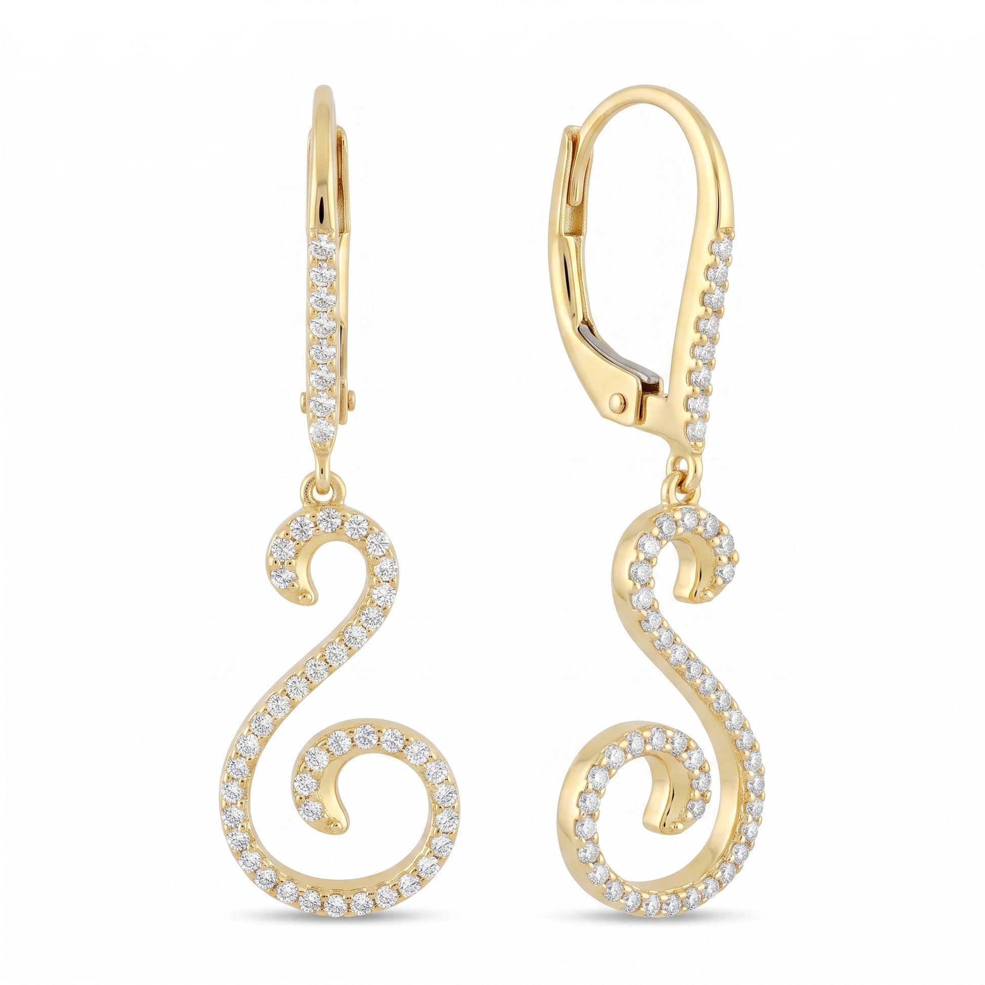 14k yellow gold S-curve dangle lever-back earrings, angled view showing lever-back hinge, white background