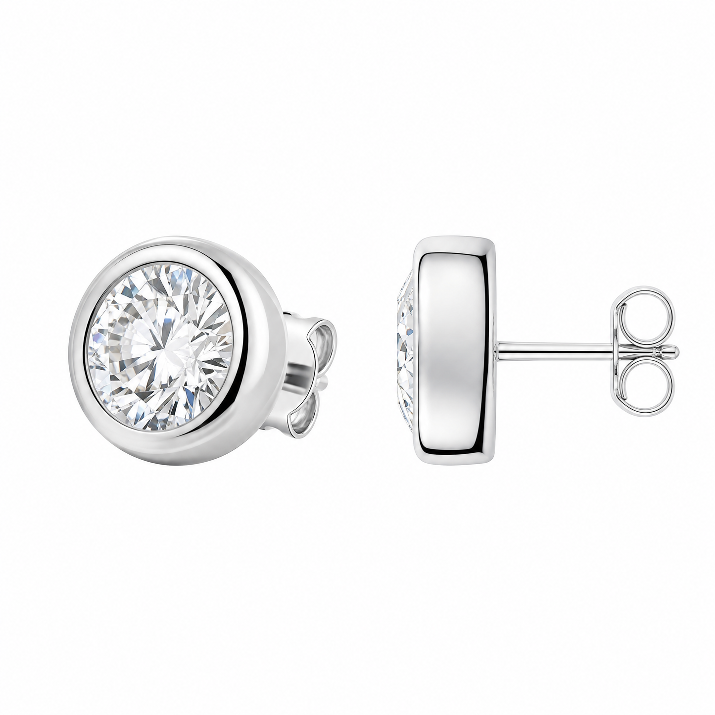 DECA0878W W-2 front and turned view showing post and butterfly nut - round brilliant diamond bezel stud earrings