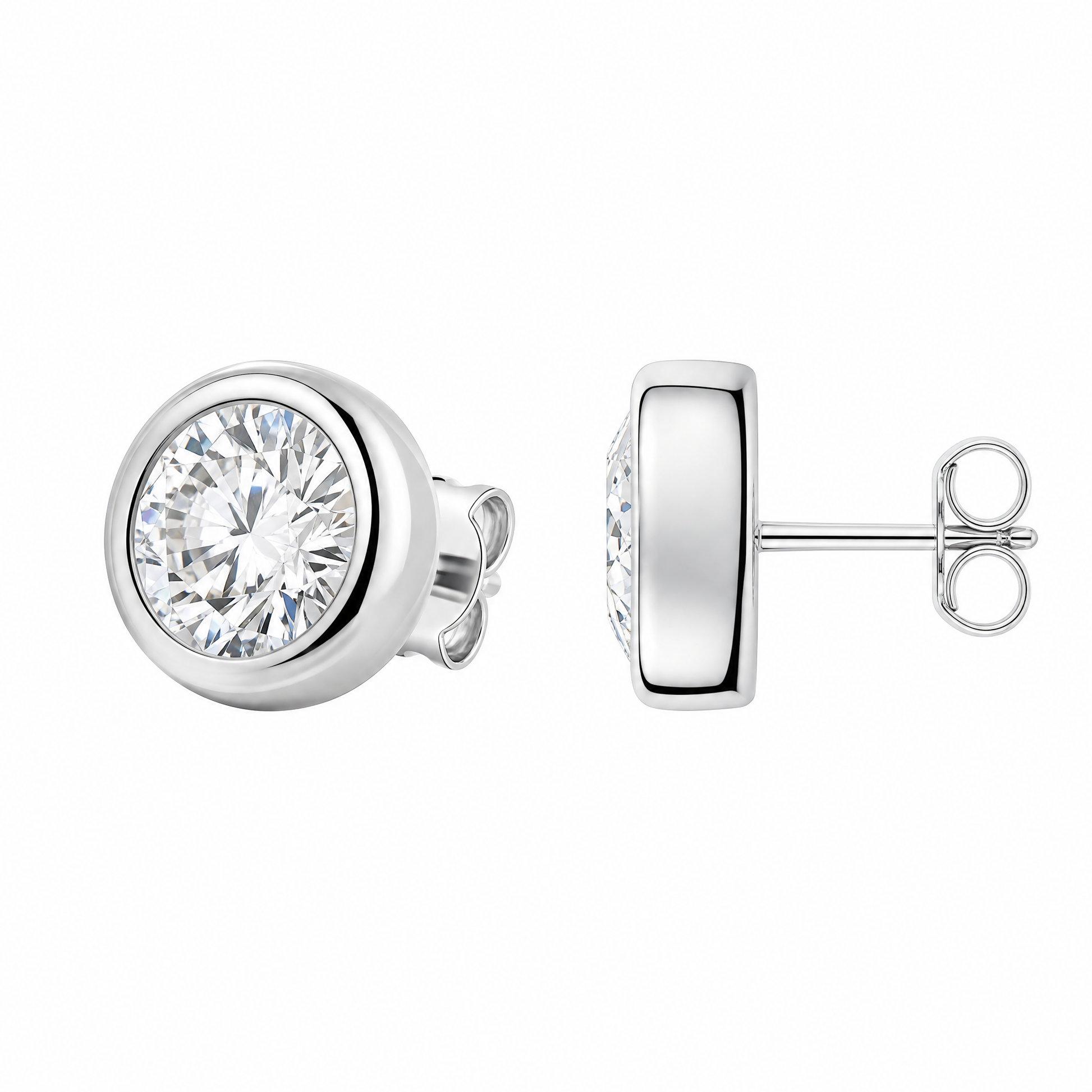 DECA0878W W-2 front and turned view showing post and butterfly nut - round brilliant diamond bezel stud earrings