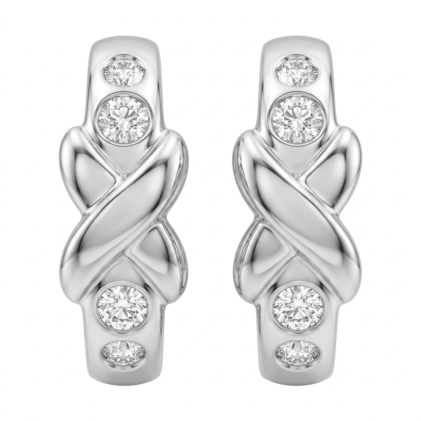 DECA0887W 14K white gold X-design hinged hoop earrings with four bezel-set round diamonds each, front view