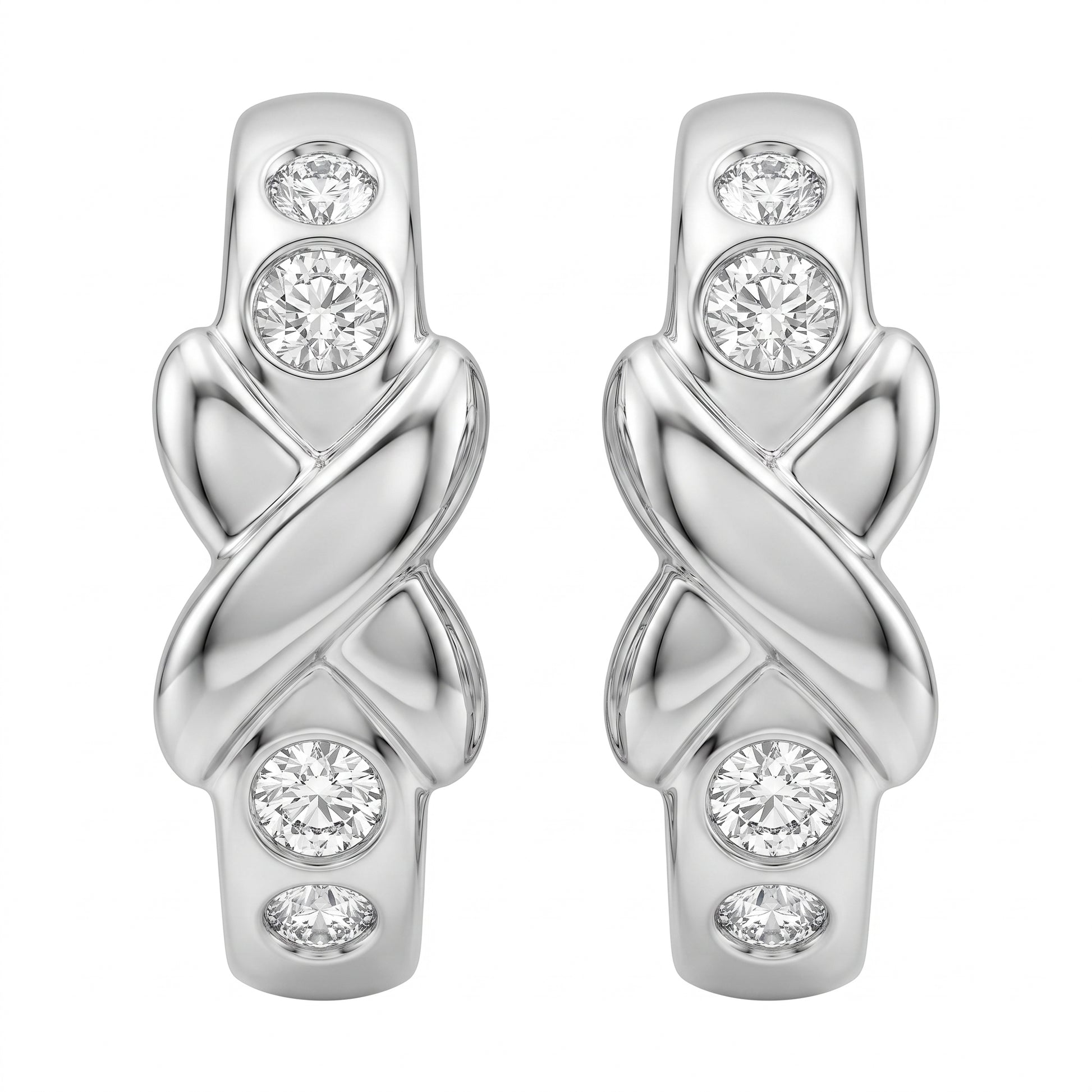 DECA0887W 14K white gold X-design hinged hoop earrings with four bezel-set round diamonds each, front view