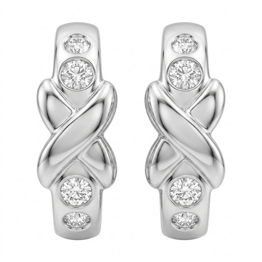 DECA0887W 14K white gold X-design hinged hoop earrings with four bezel-set round diamonds each, front view