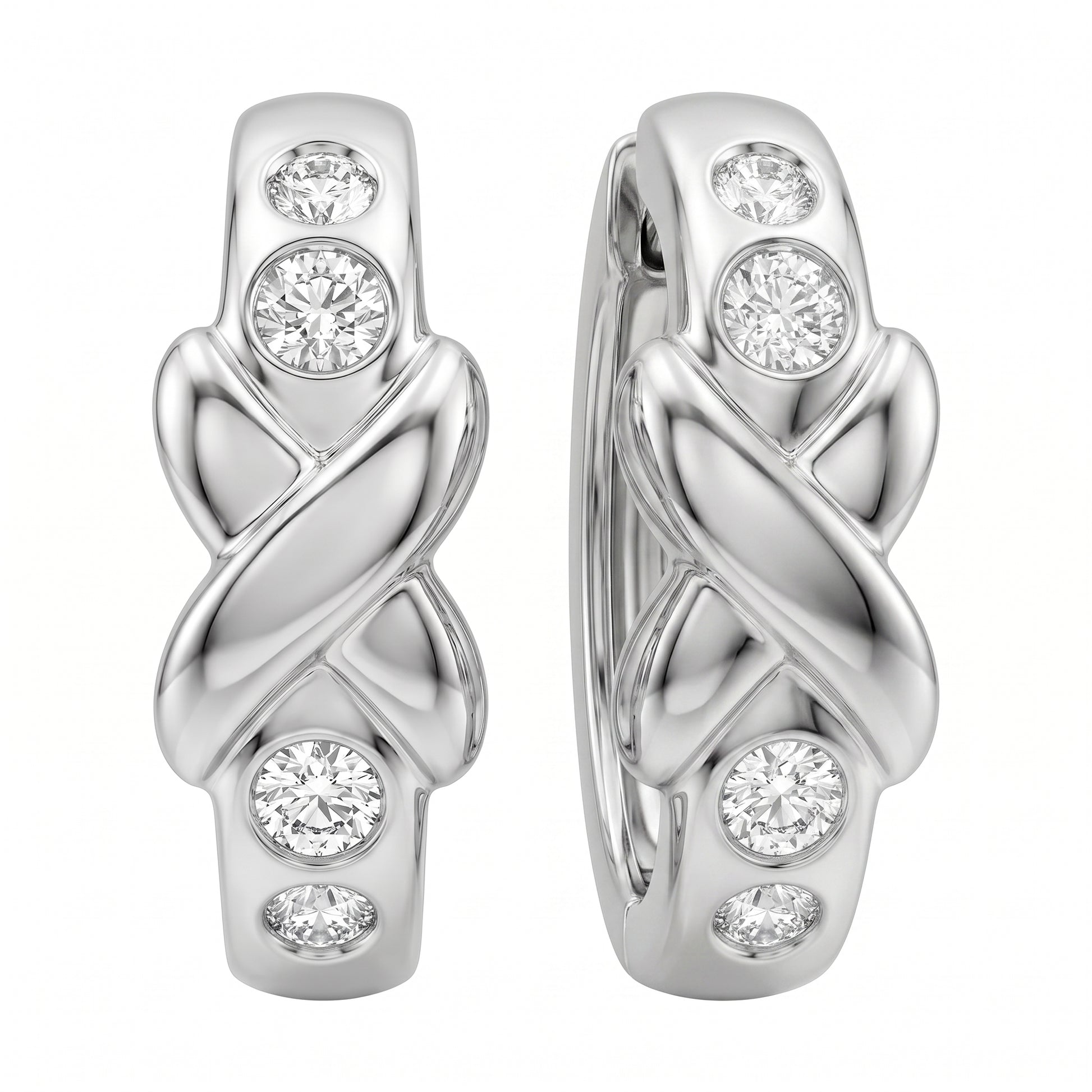 DECA0887W 14K white gold X-design hinged hoop earrings with four bezel-set round diamonds each, angled view
