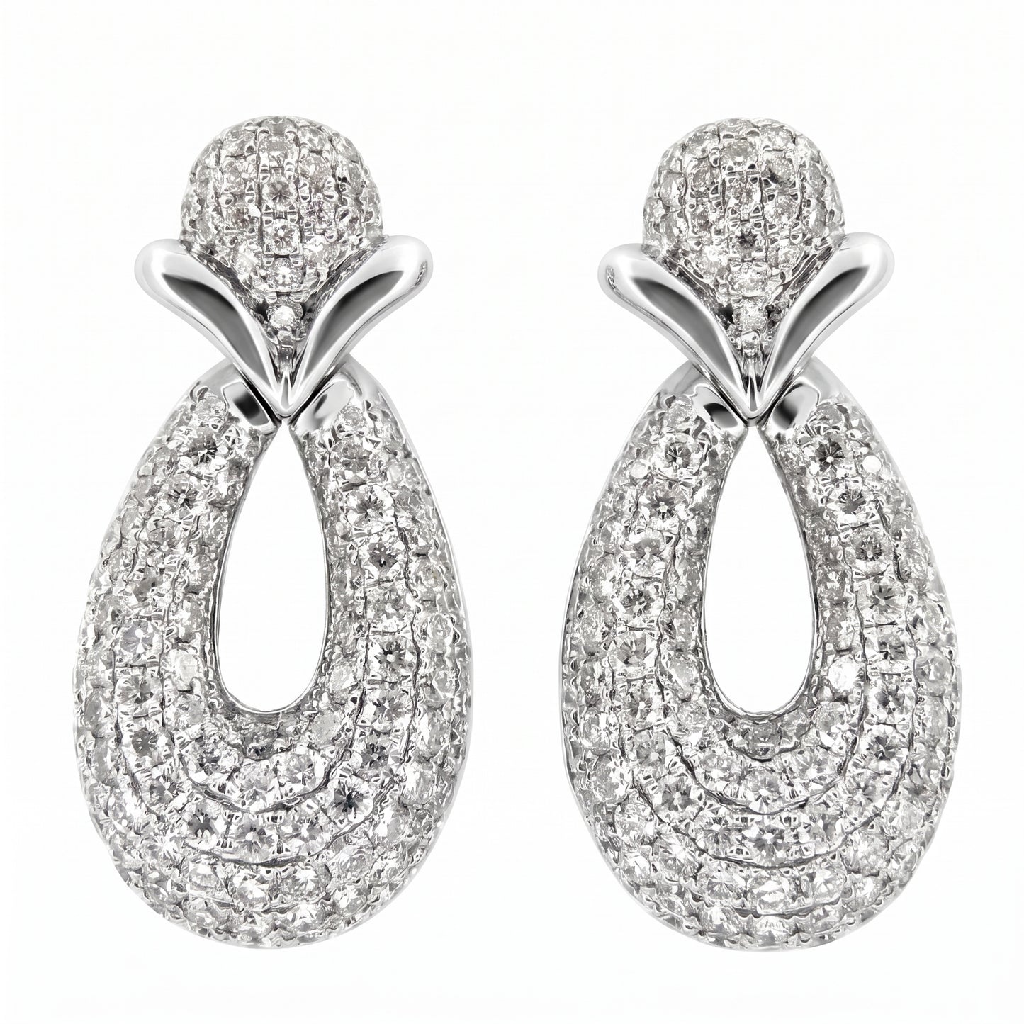 DECA1326W - 18K white gold pave diamond open oval drop post earrings, front view on white background