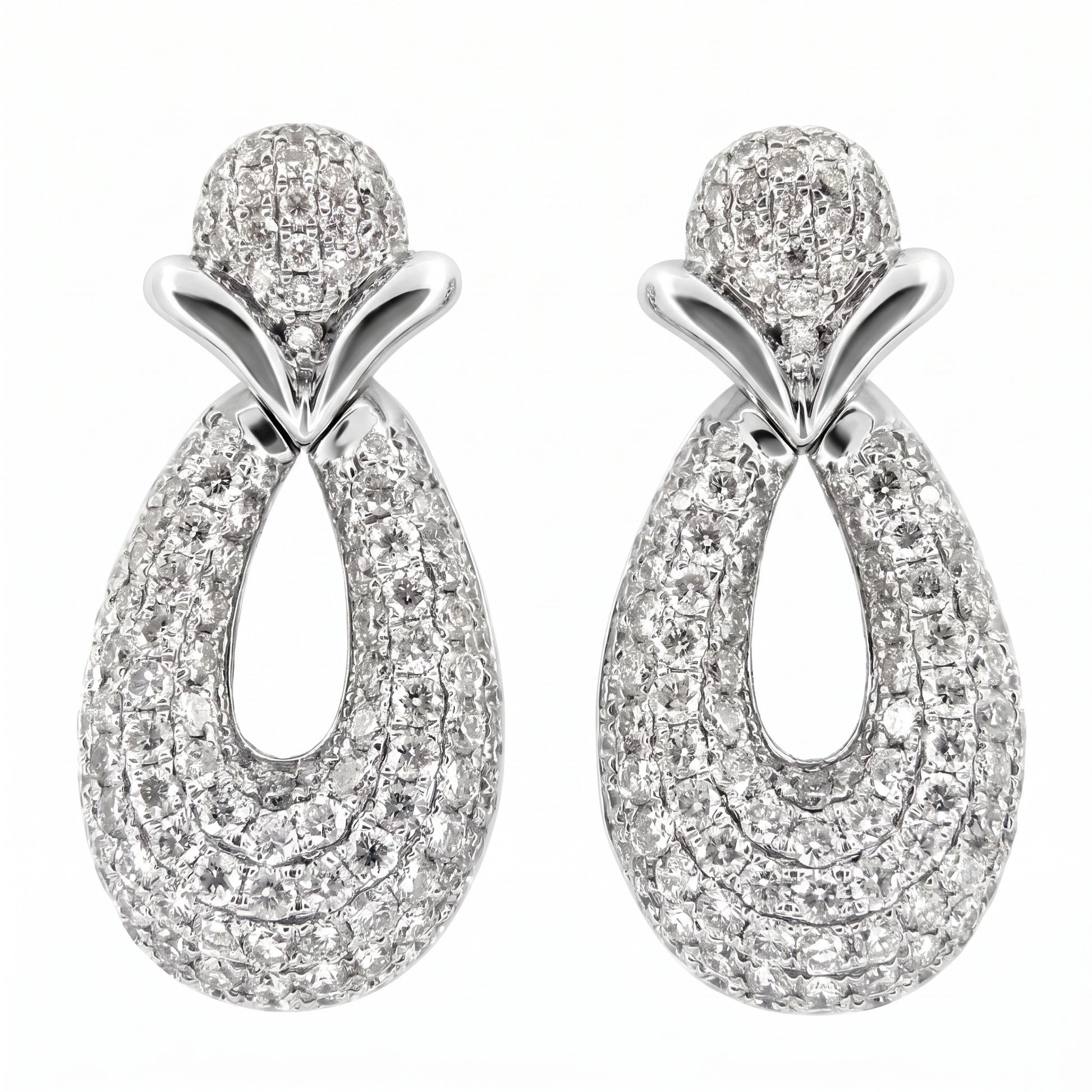 DECA1326W - 18K white gold pave diamond open oval drop post earrings, front view on white background