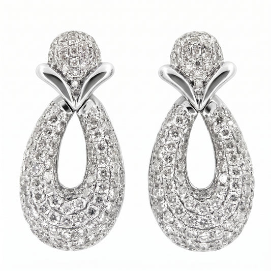 DECA1326W - 18K white gold pave diamond open oval drop post earrings, front view on white background