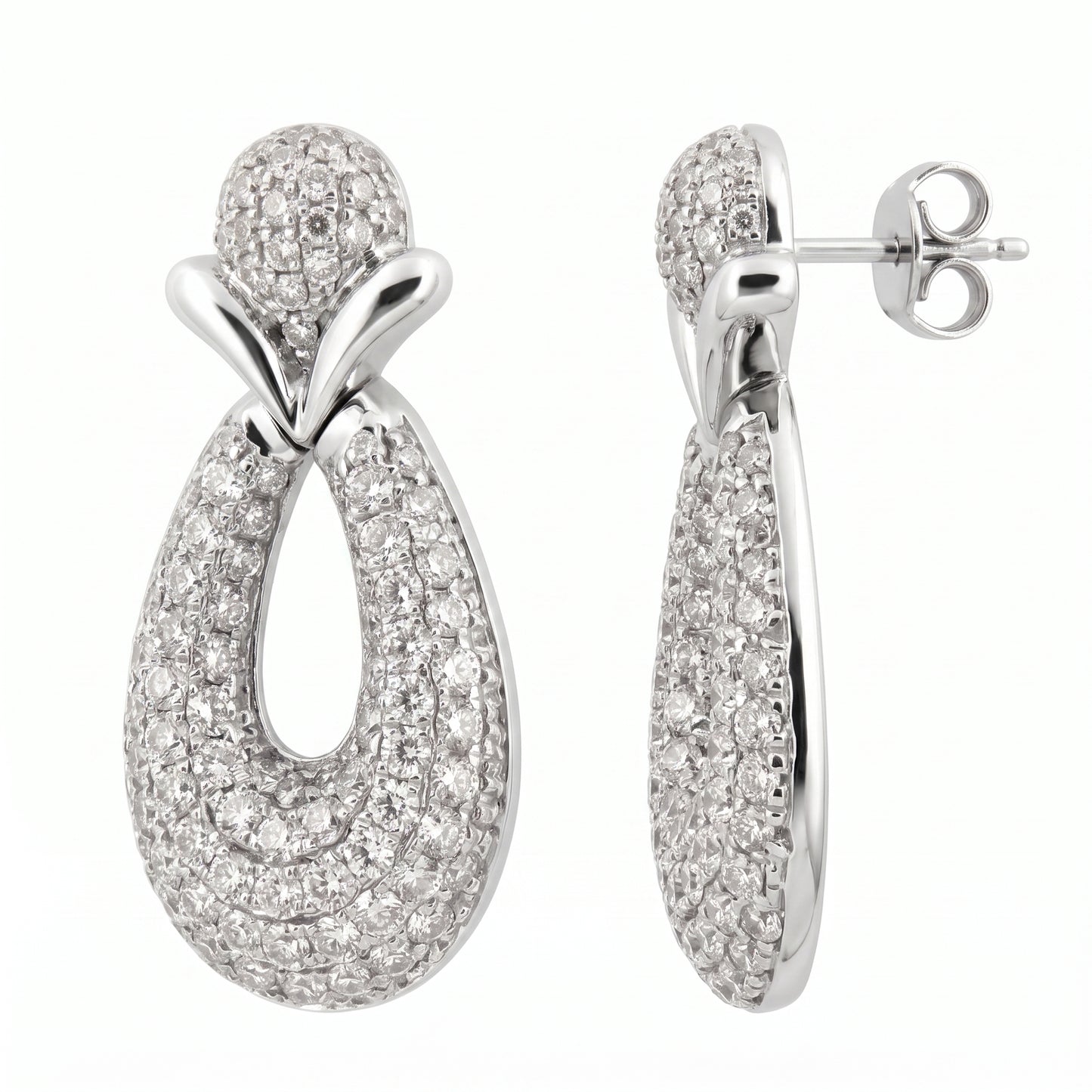 DECA1326W - 18K white gold pave diamond open oval drop earrings, front and side profile showing the straight post and butterfly back, on white background