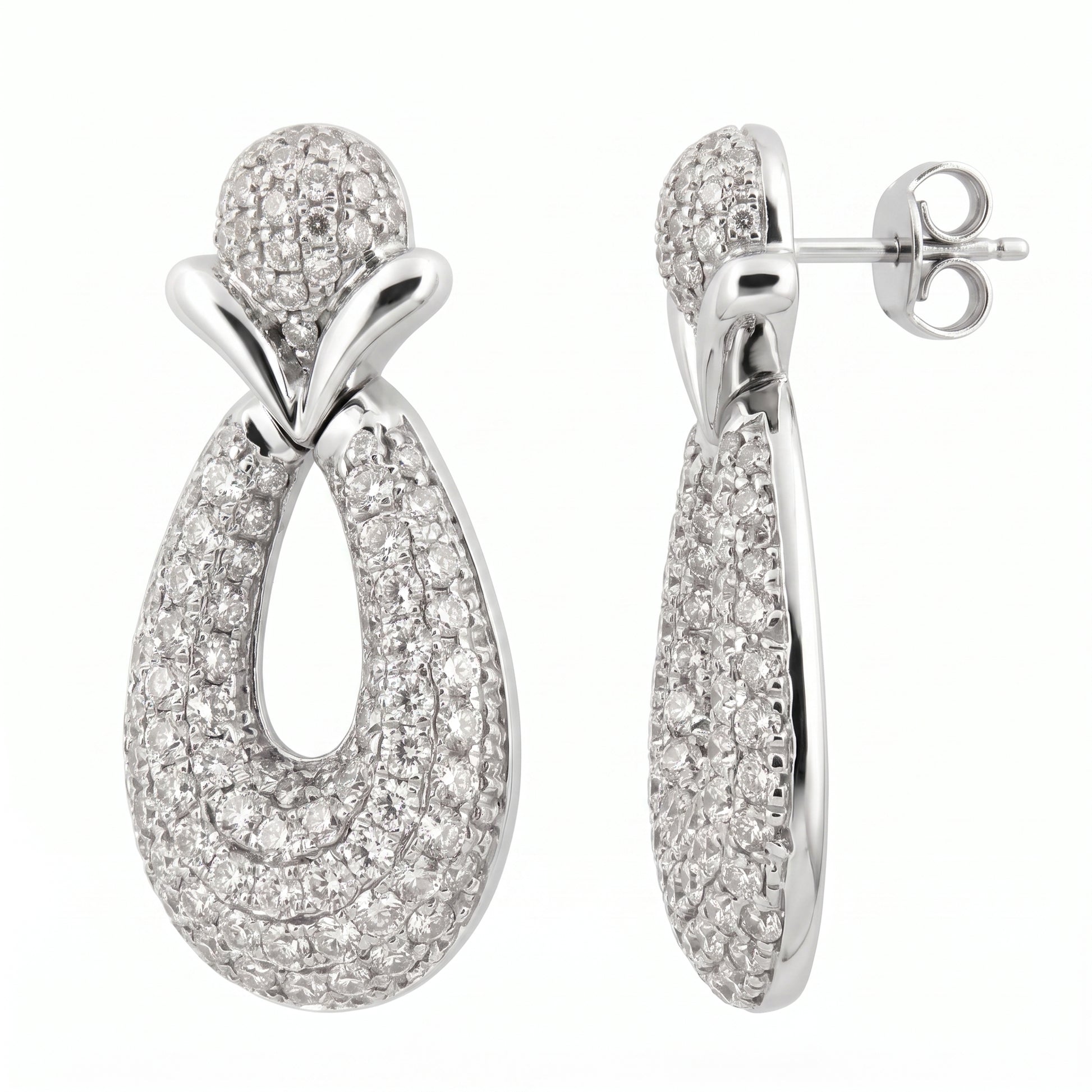 DECA1326W - 18K white gold pave diamond open oval drop earrings, front and side profile showing the straight post and butterfly back, on white background