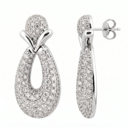 DECA1326W - 18K white gold pave diamond open oval drop earrings, front and side profile showing the straight post and butterfly back, on white background