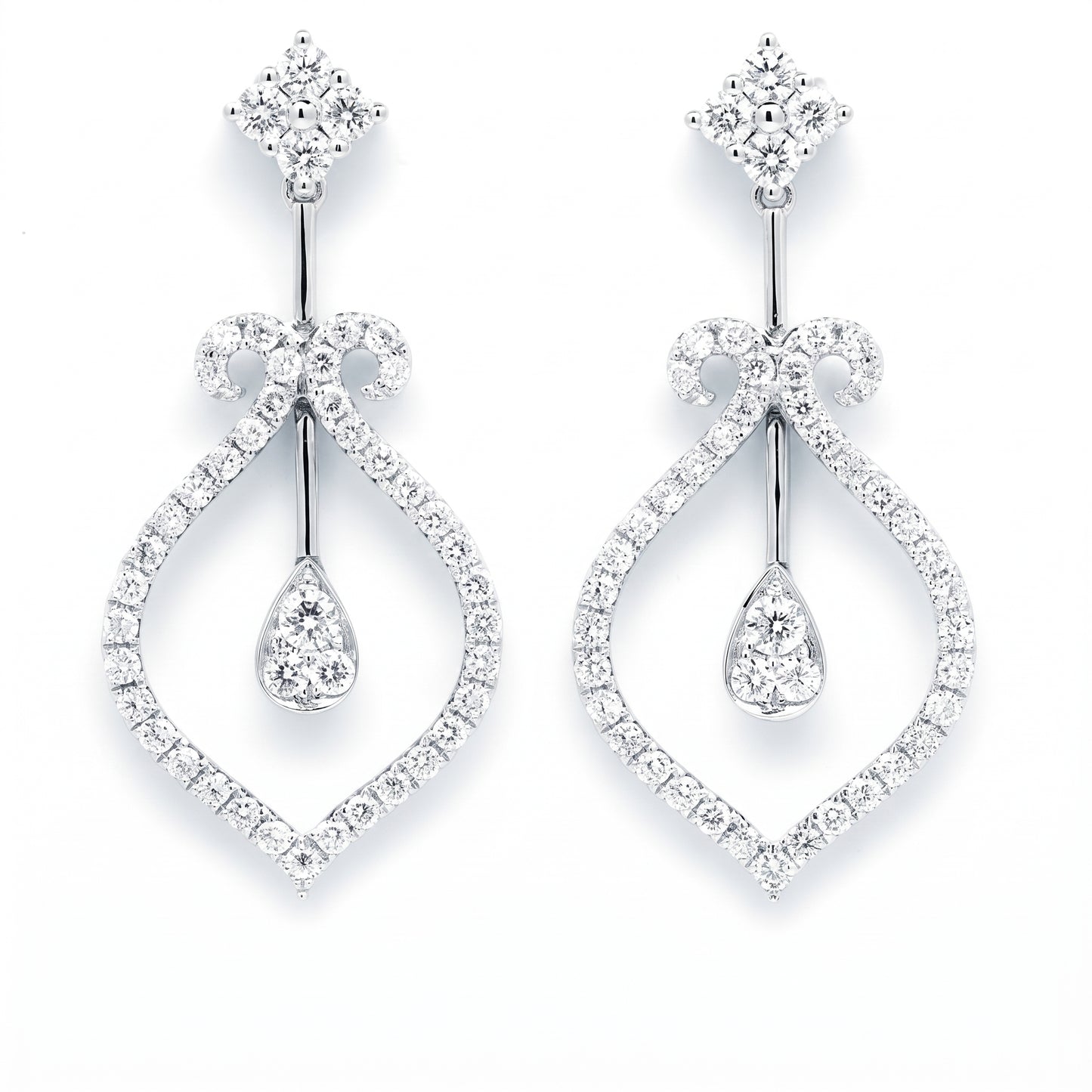 Diamond Open Teardrop Dangle Earrings in 18K white gold, front view on white background