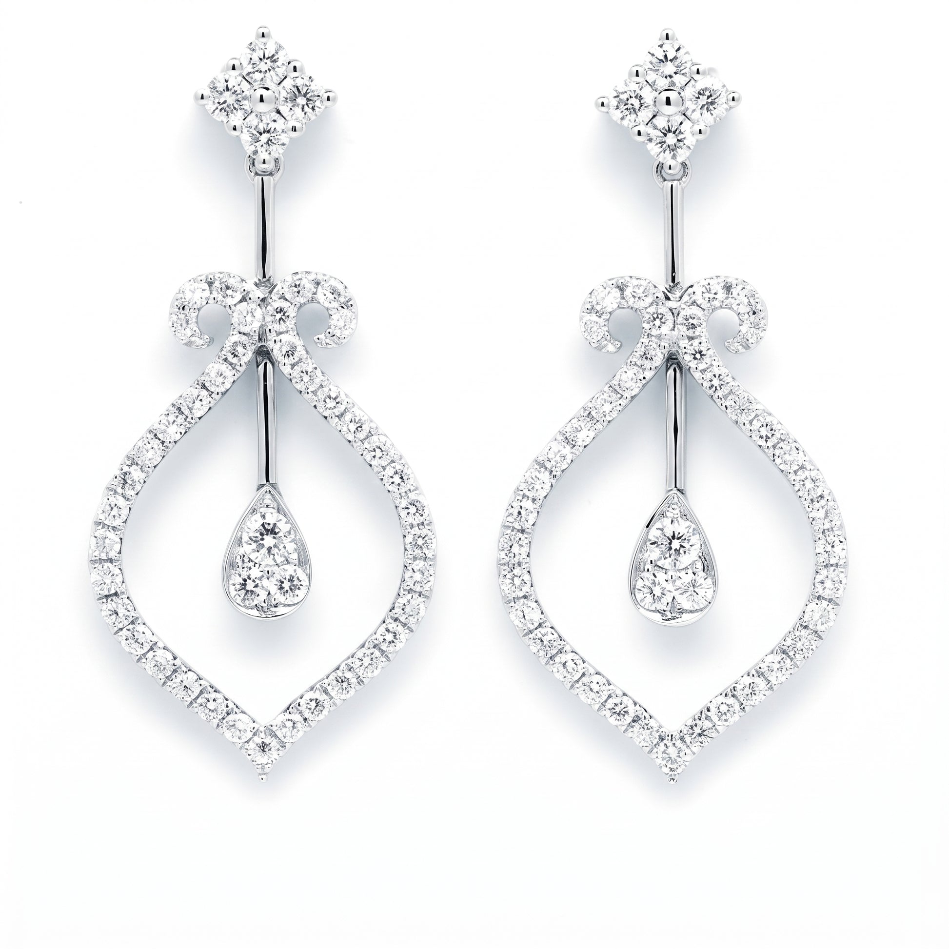 Diamond Open Teardrop Dangle Earrings in 18K white gold, front view on white background