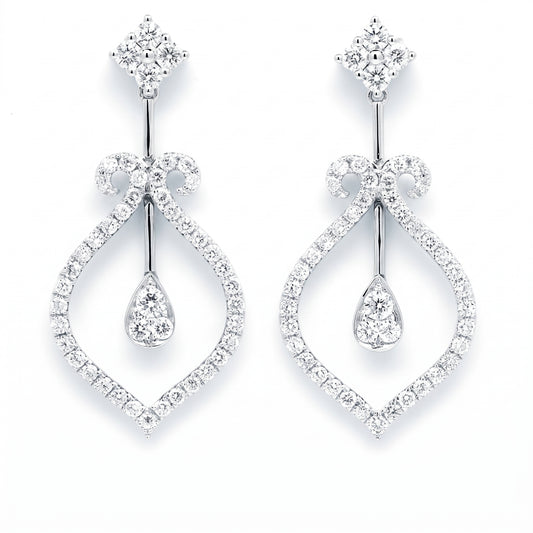 Diamond Open Teardrop Dangle Earrings in 18K white gold, front view on white background