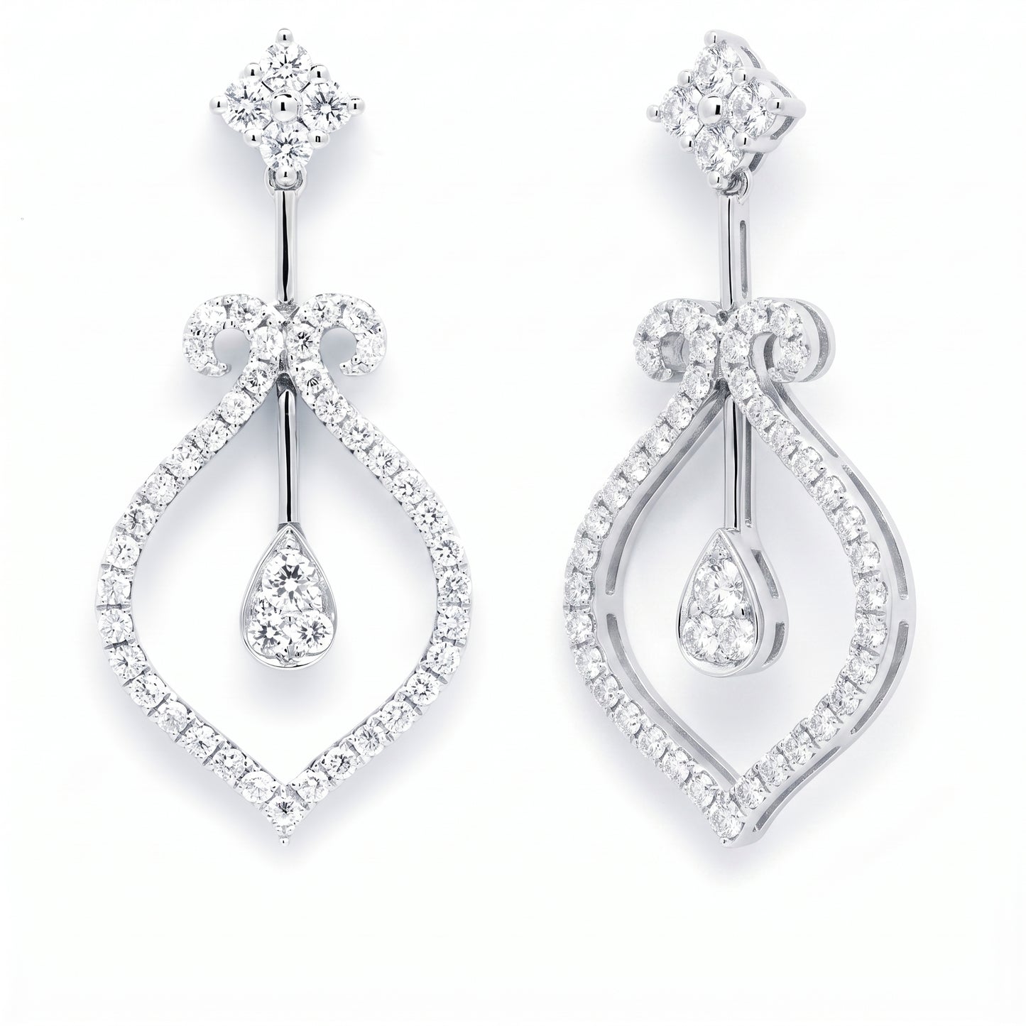 Diamond Open Teardrop Dangle Earrings in 18K white gold, angled view showing the open teardrop frame and suspended pear diamond
