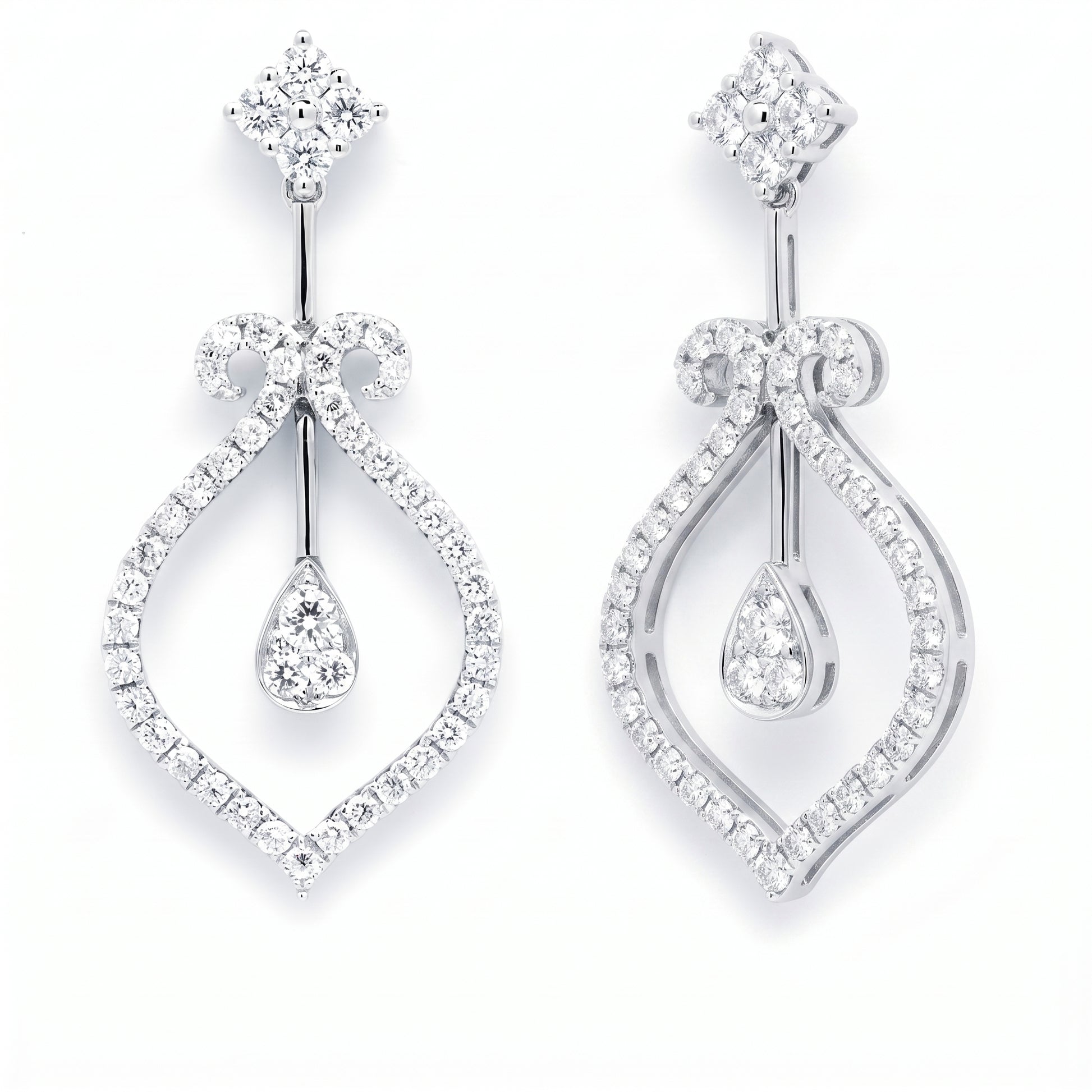 Diamond Open Teardrop Dangle Earrings in 18K white gold, angled view showing the open teardrop frame and suspended pear diamond