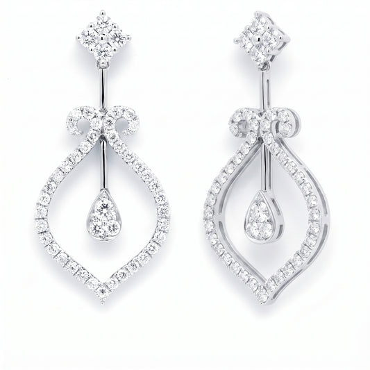 Diamond Open Teardrop Dangle Earrings in 18K white gold, angled view showing the open teardrop frame and suspended pear diamond