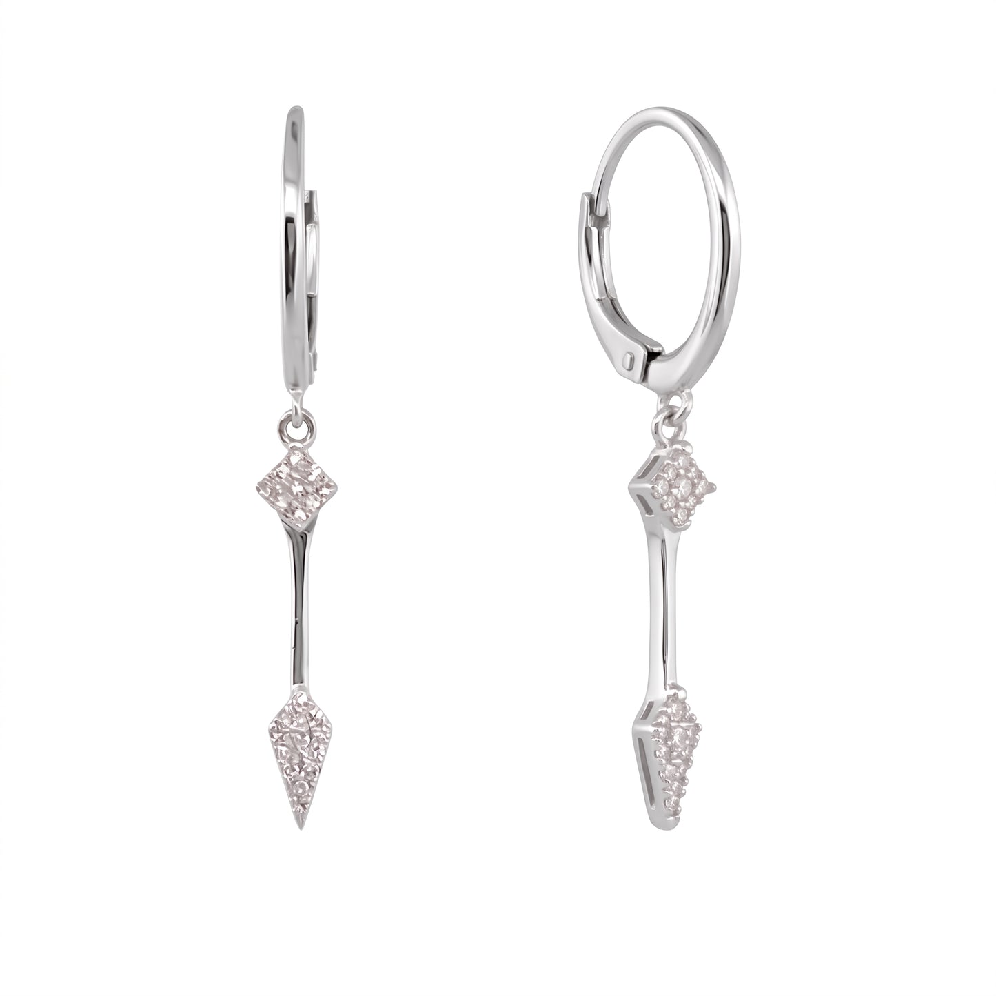 42 Single-Cut Diamond Spade Lever-Back Earrings in 14K white gold, angled three-quarter view on white background
