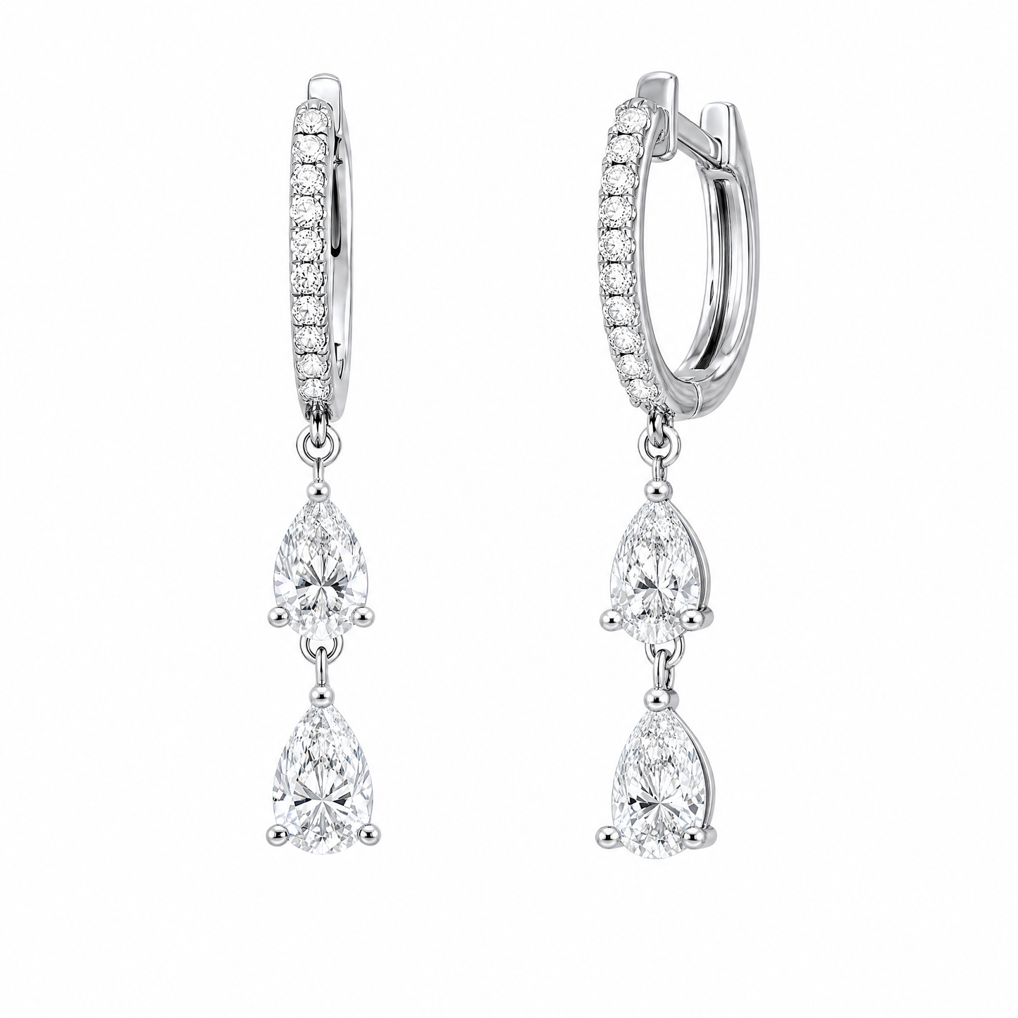 DECA1599W W-2 front and turned view showing hinged huggie closure - pear diamond pave huggie hoop drop earrings