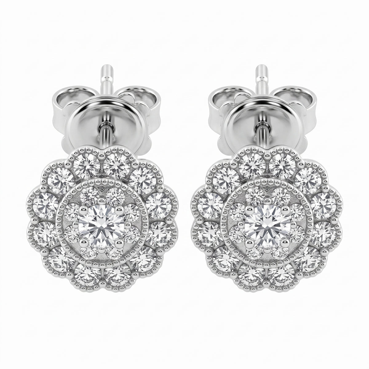 Vintage Flower Diamond Post Earrings - 18K white gold scalloped milgrain rosette cluster studs, white background