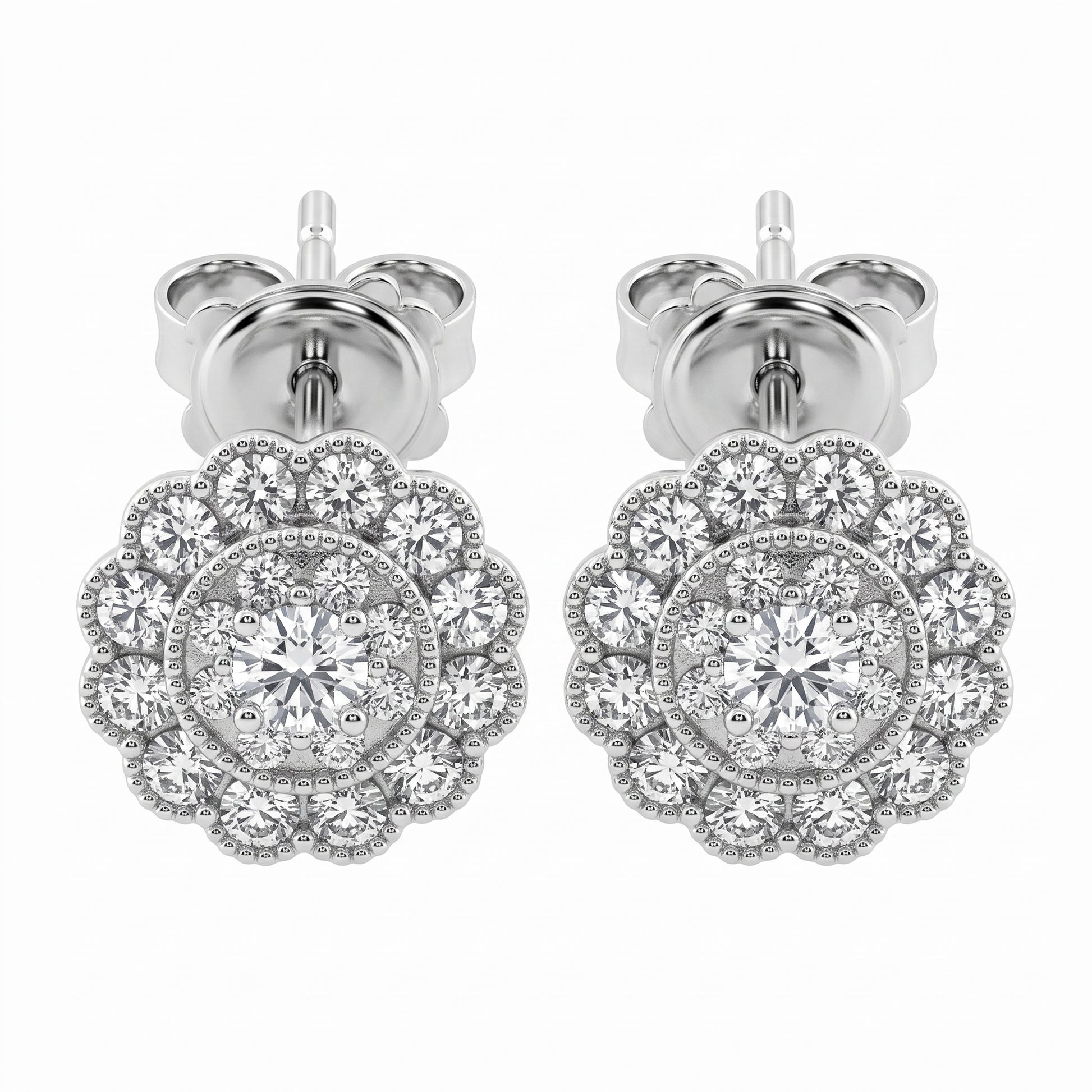 Vintage Flower Diamond Post Earrings - 18K white gold scalloped milgrain rosette cluster studs, white background
