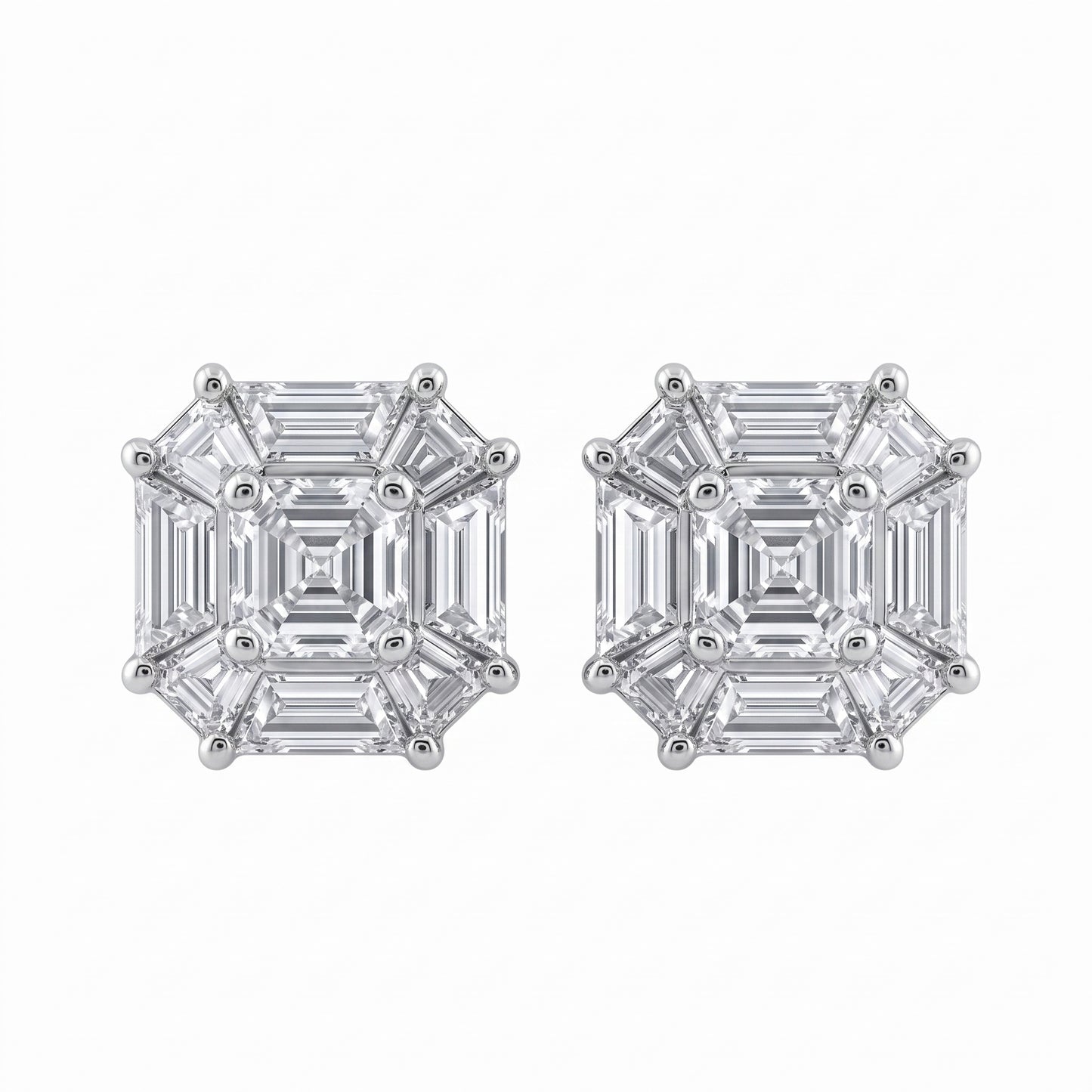 Fancy-Cut Diamond Octagon Stud Earrings - 18K white gold, white background