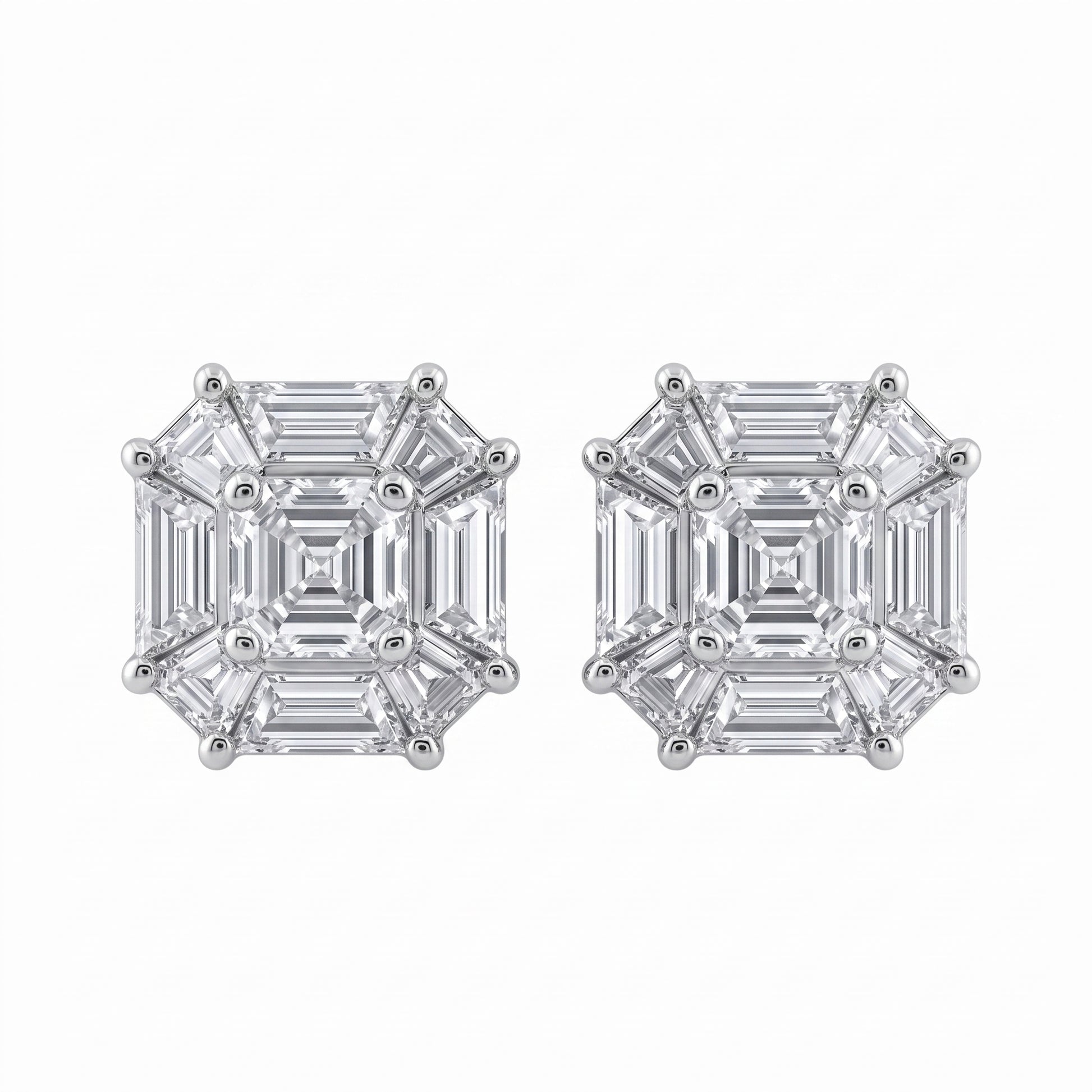 Fancy-Cut Diamond Octagon Stud Earrings - 18K white gold, white background