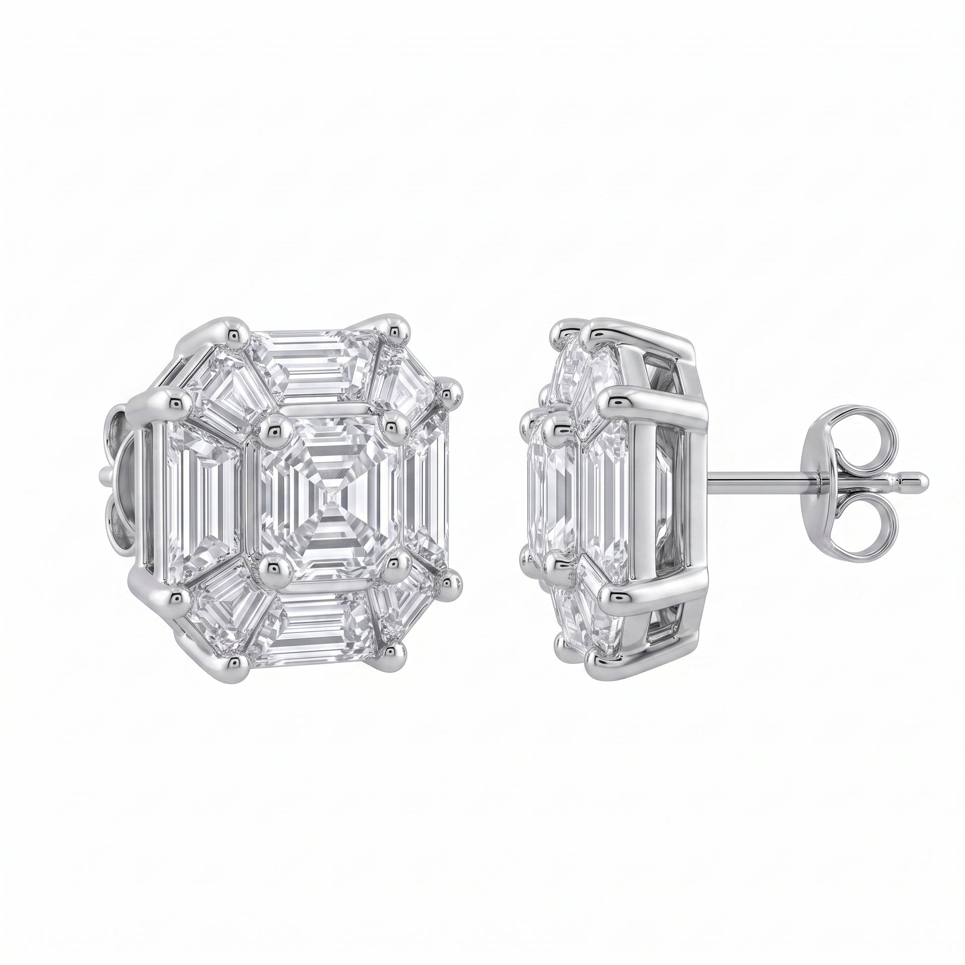 Fancy-Cut Diamond Octagon Stud Earrings - 18K white gold, angled view with post and butterfly back