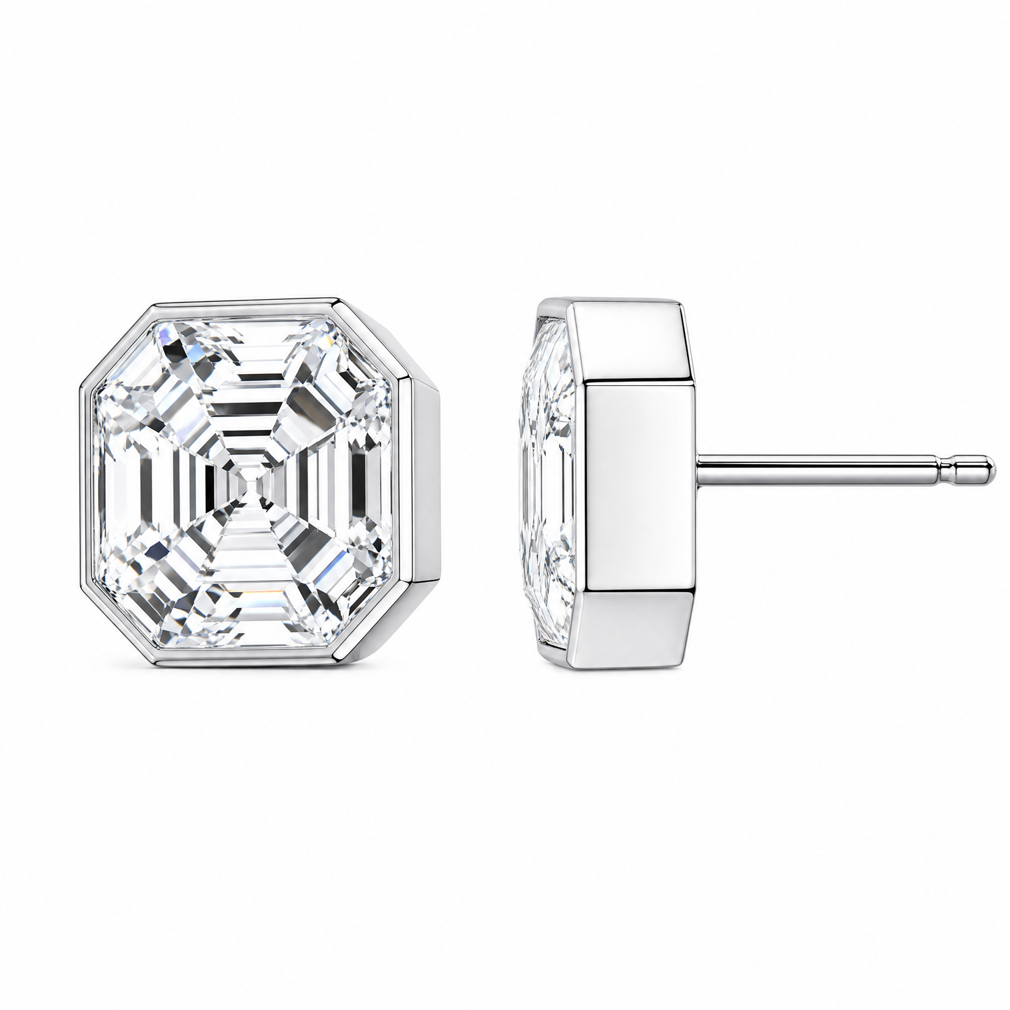 DECA1707W W-2 front and turned view showing post and butterfly back - asscher-style illusion-set octagonal diamond stud earrings