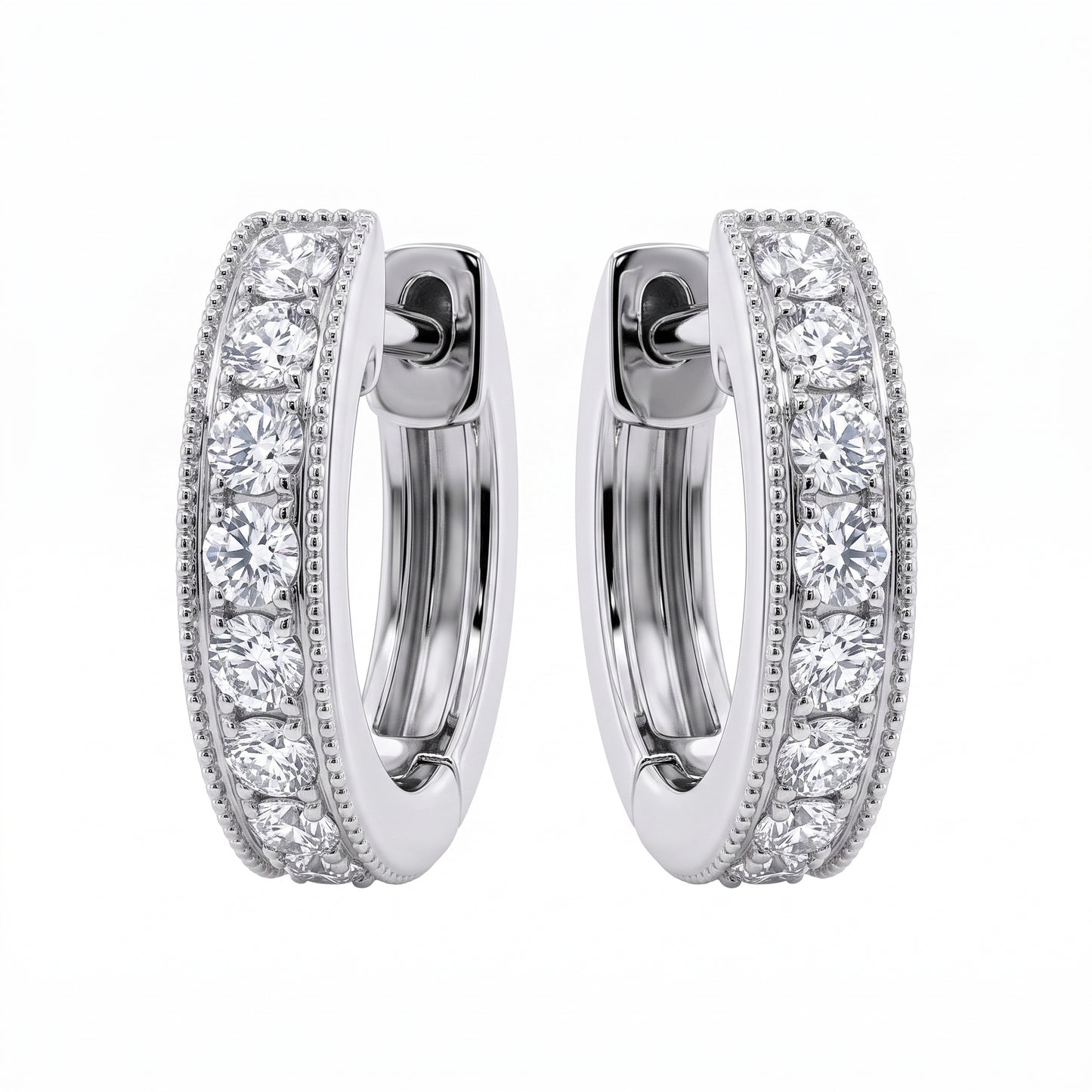 18K White Gold 16-Diamond Milgrain Round Hoop Earrings