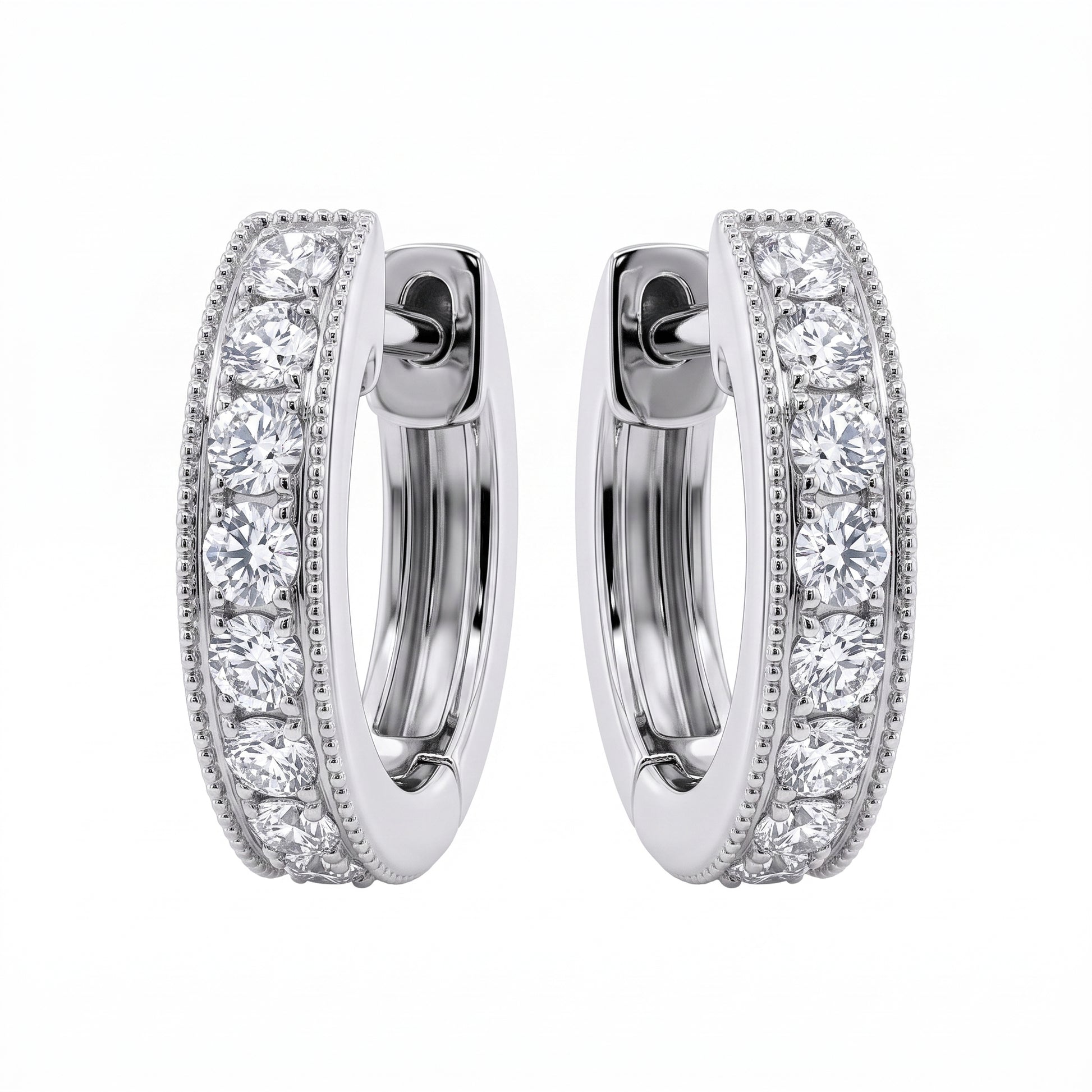 18K White Gold 16-Diamond Milgrain Round Hoop Earrings