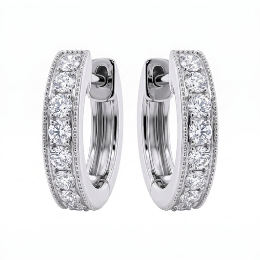 18K White Gold 16-Diamond Milgrain Round Hoop Earrings