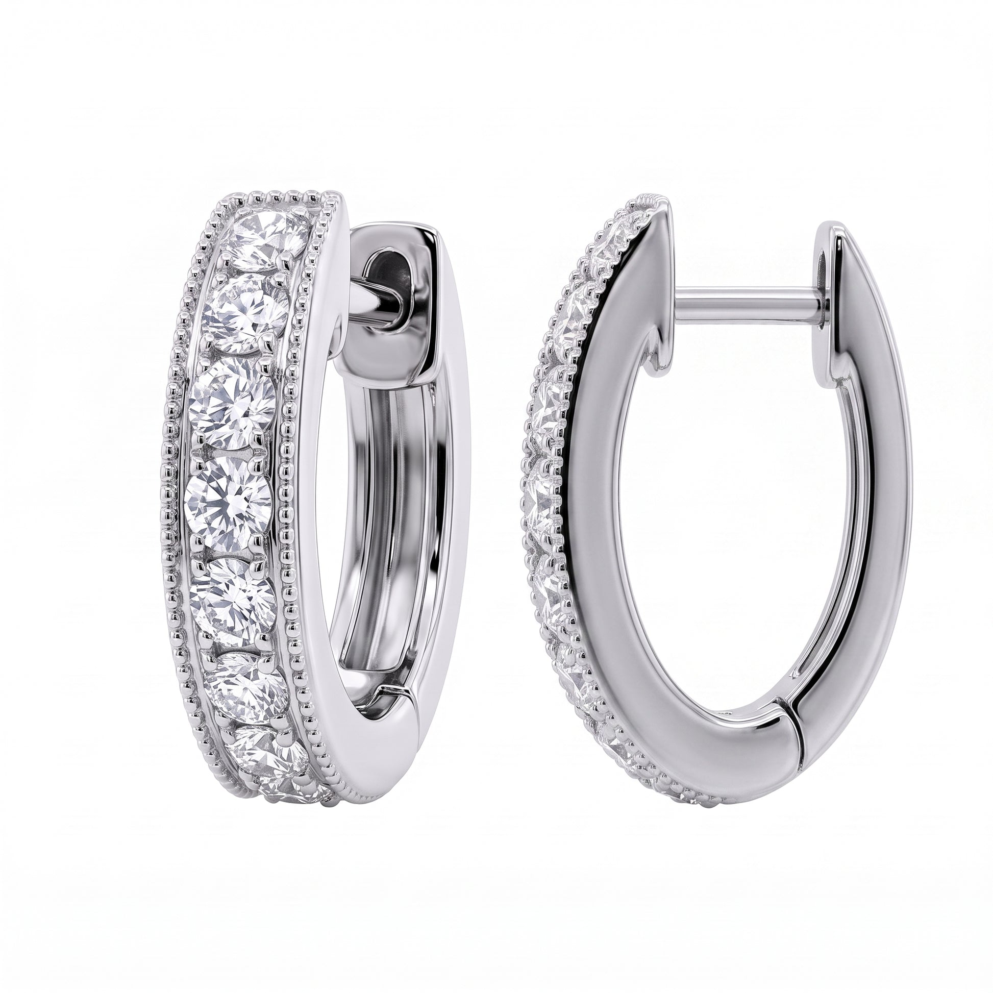 18K White Gold 16-Diamond Milgrain Round Hoop Earrings - alternate view