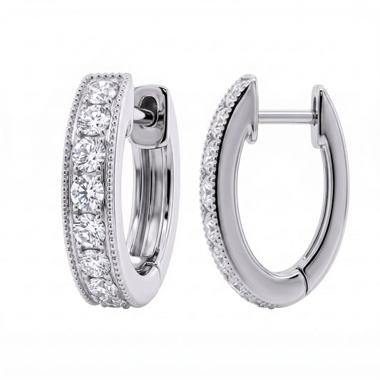 18K White Gold 16-Diamond Milgrain Round Hoop Earrings - alternate view
