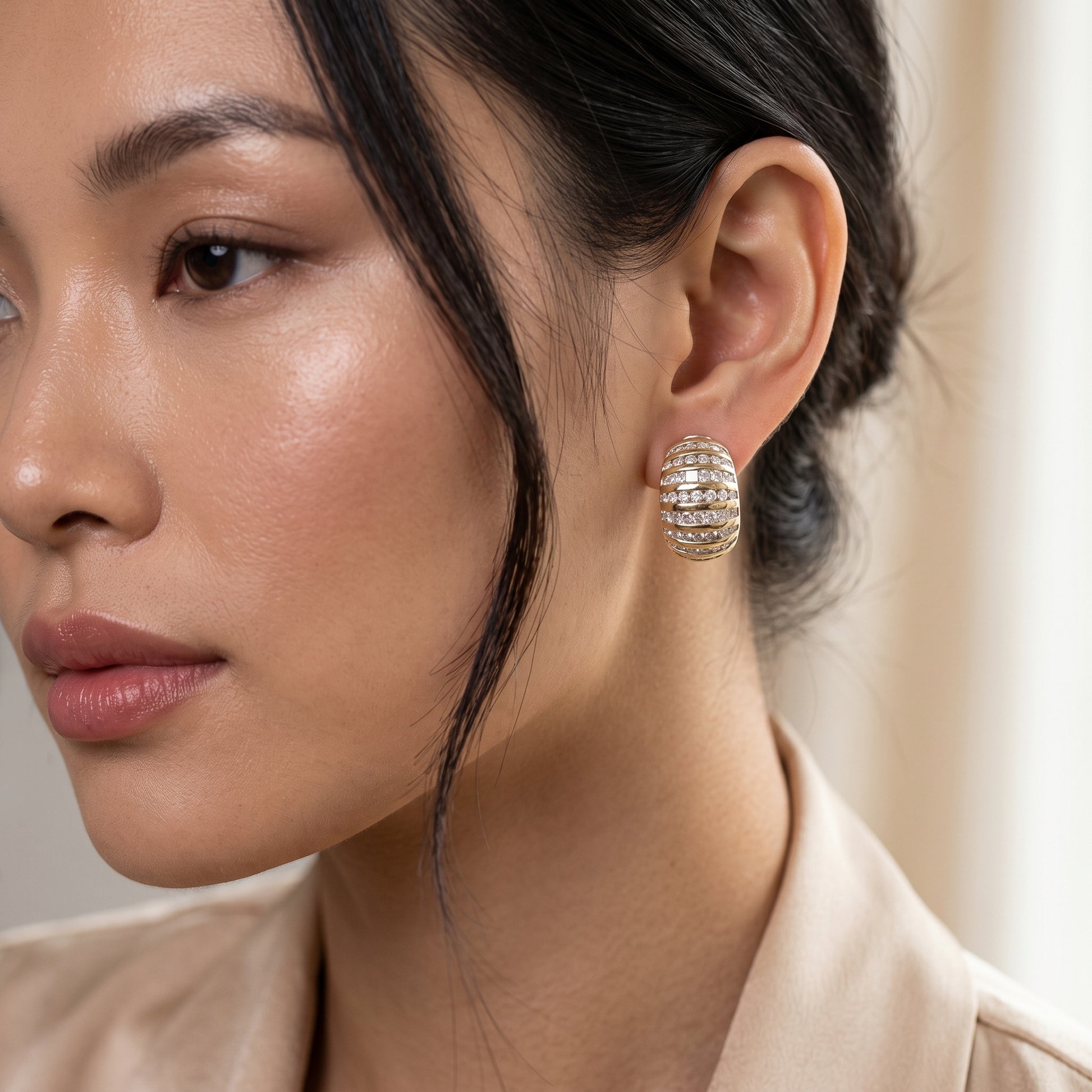 4.17 Carat Round and Baguette Diamond Domed Clip Earrings — worn on model