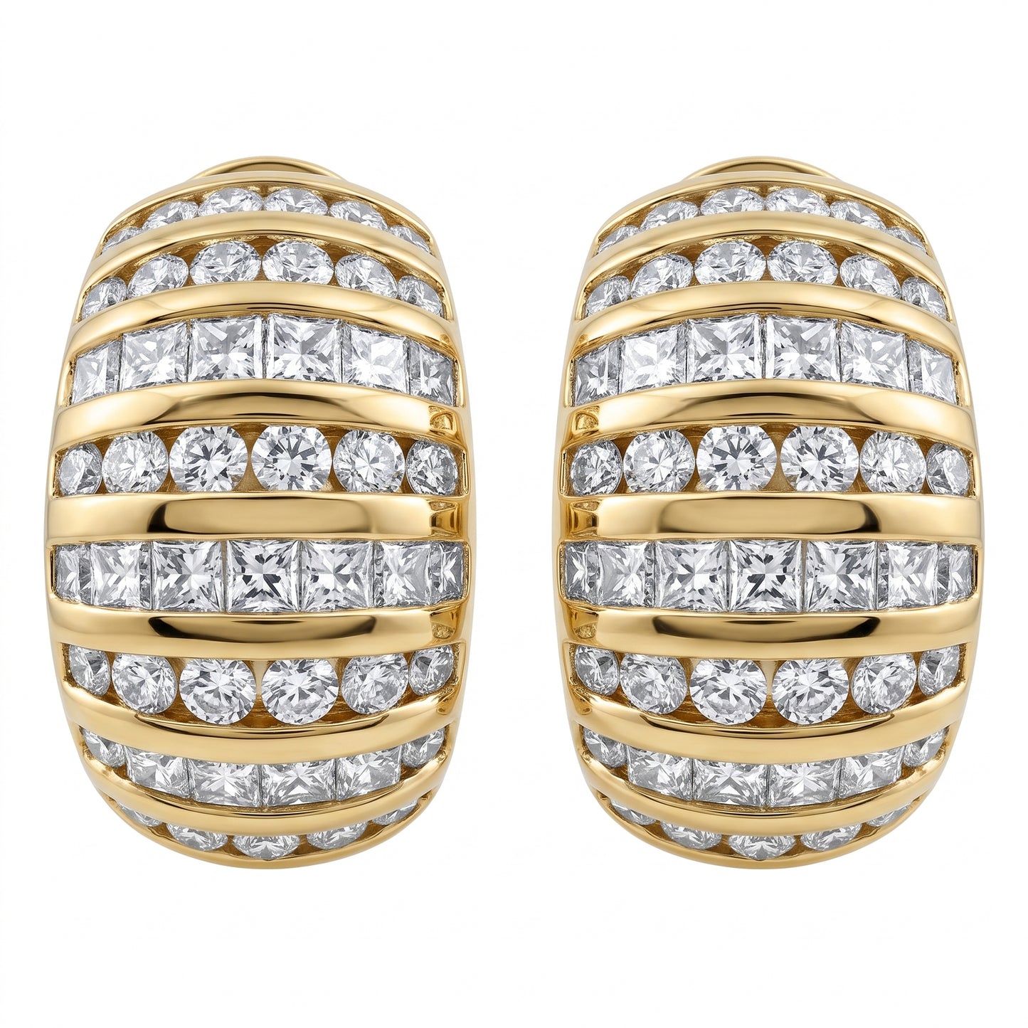 4.17 Carat Round and Baguette Diamond Domed Clip Earrings — front view