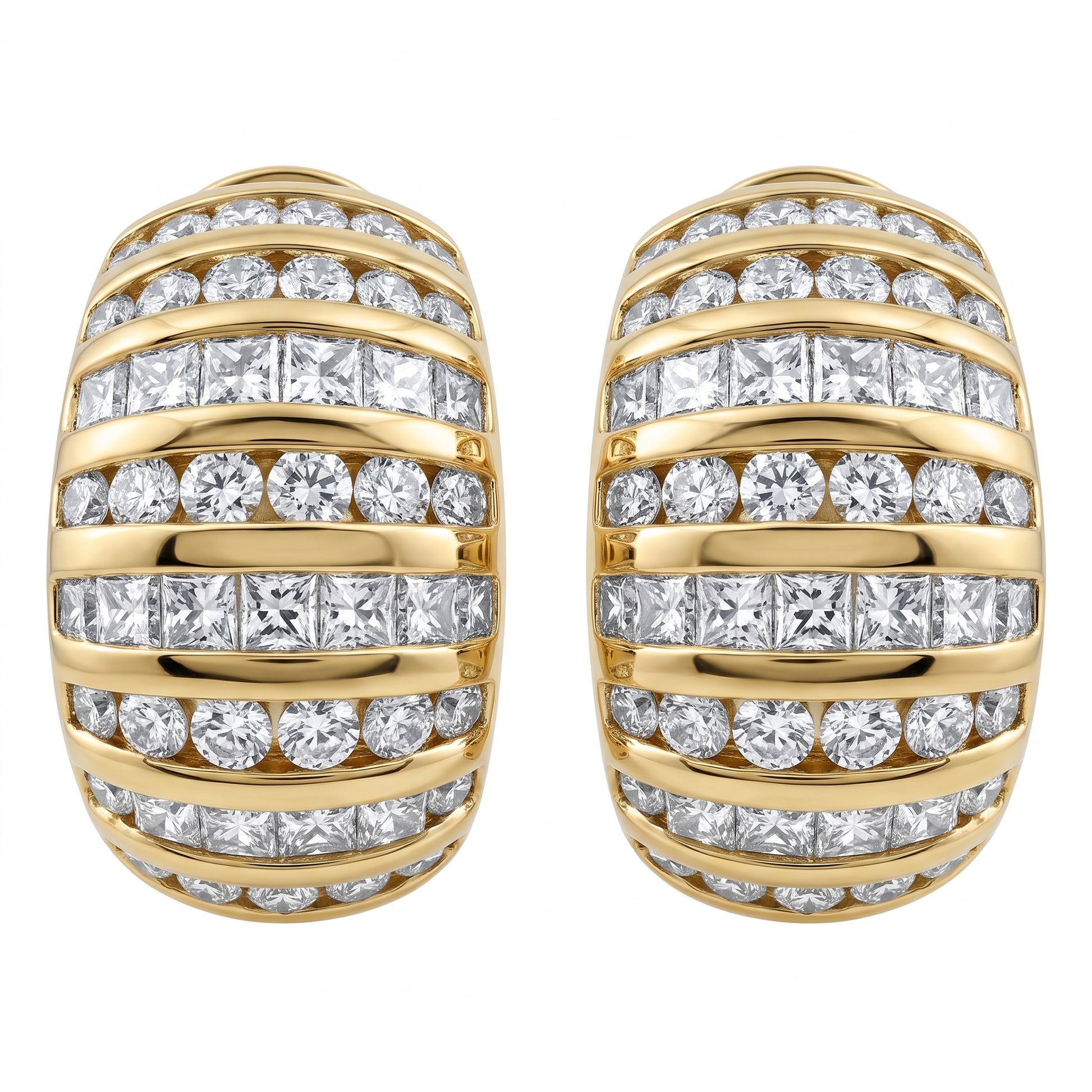 4.17 Carat Round and Baguette Diamond Domed Clip Earrings — front view