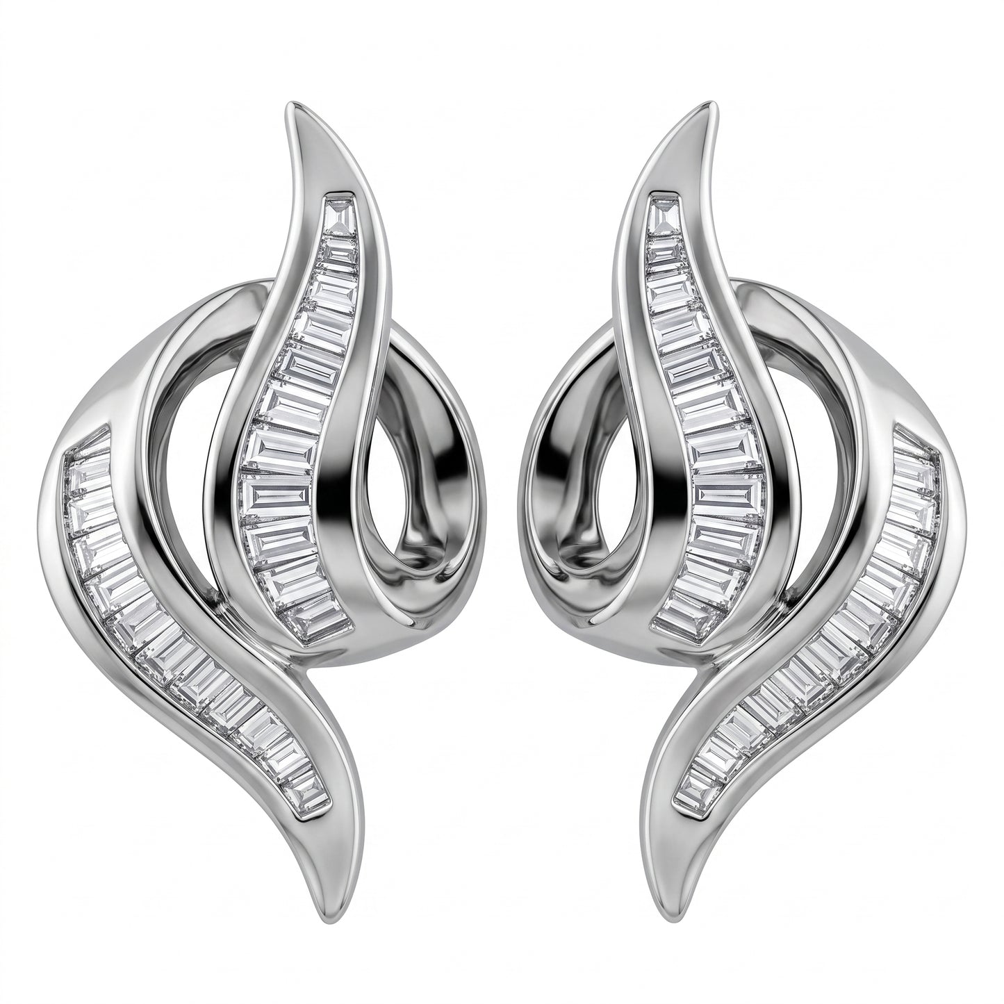 64-Diamond Swirl Channel Clip Earrings in 18K white gold - white background view