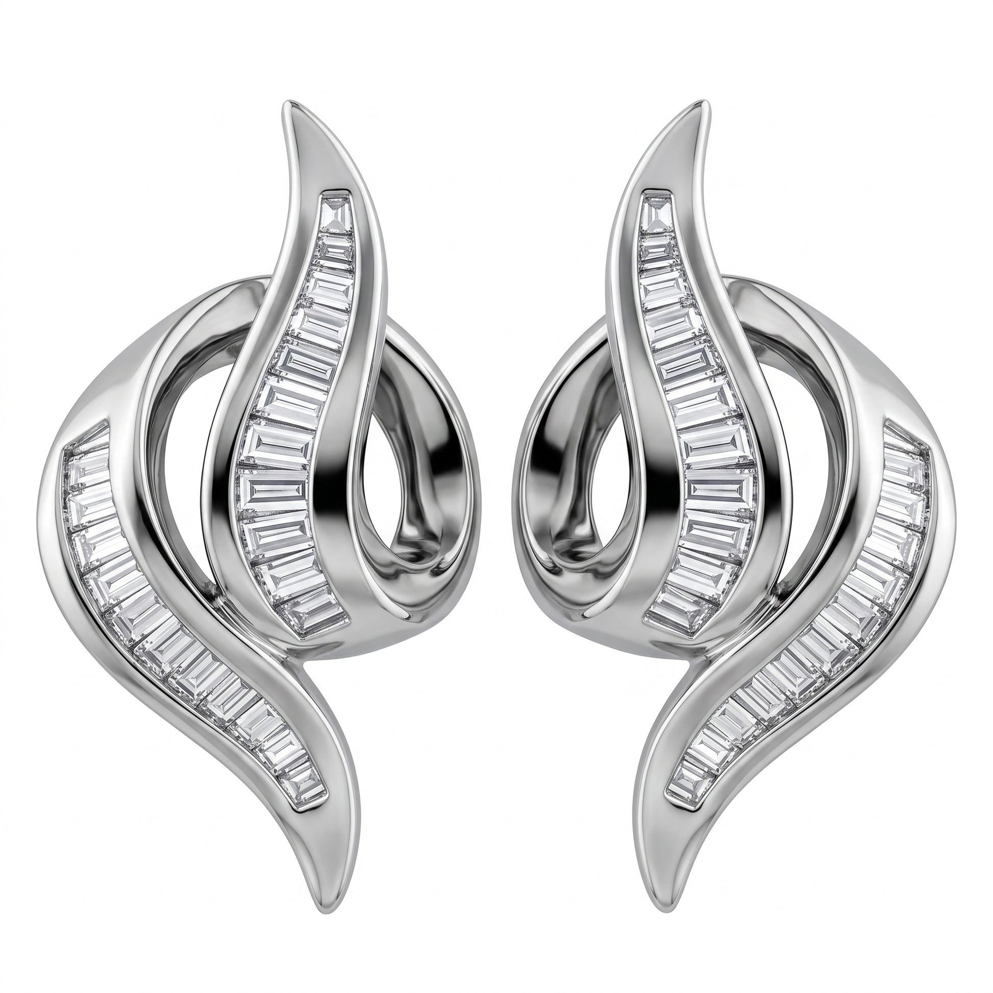 64-Diamond Swirl Channel Clip Earrings in 18K white gold - white background view