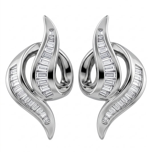 64-Diamond Swirl Channel Clip Earrings in 18K white gold - white background view