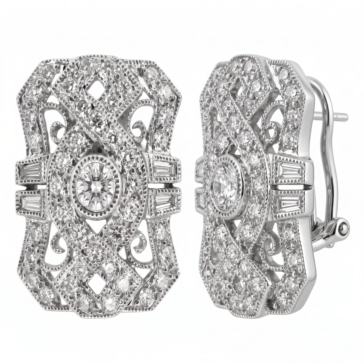 DECY0280W W-2 front and turned view showing the straight post and hinged omega clip lever - Art Deco shield filigree clip earrings with a round brilliant centre diamond, four tapered baguettes per earring and pave rounds across pierced C-scroll filigree, in 18K white gold