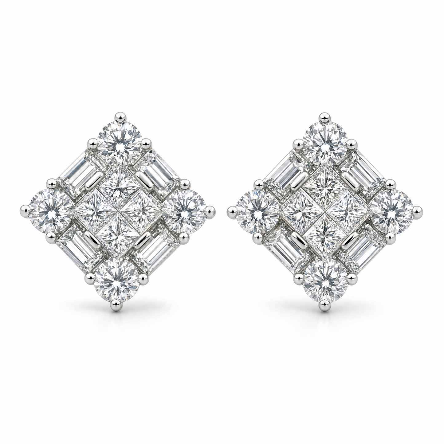 DECY0667W W-1 frontal pair - invisible-set princess, baguette and round diamond square cluster stud earrings in 18K white gold