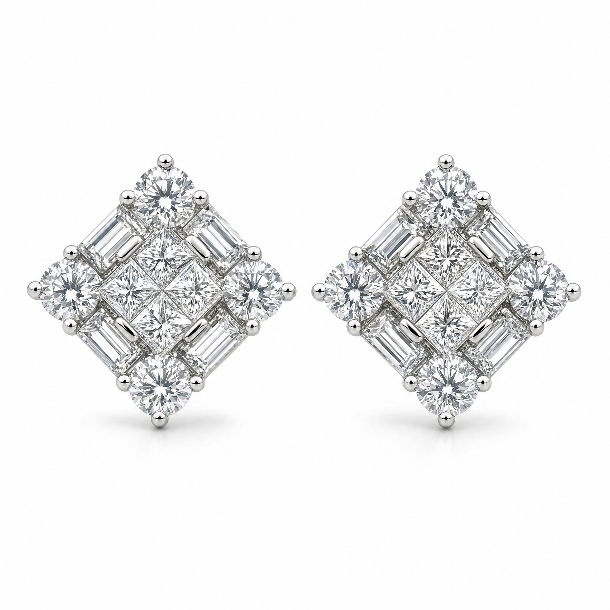 DECY0667W W-1 frontal pair - invisible-set princess, baguette and round diamond square cluster stud earrings in 18K white gold