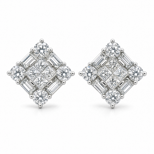 DECY0667W W-1 frontal pair - invisible-set princess, baguette and round diamond square cluster stud earrings in 18K white gold